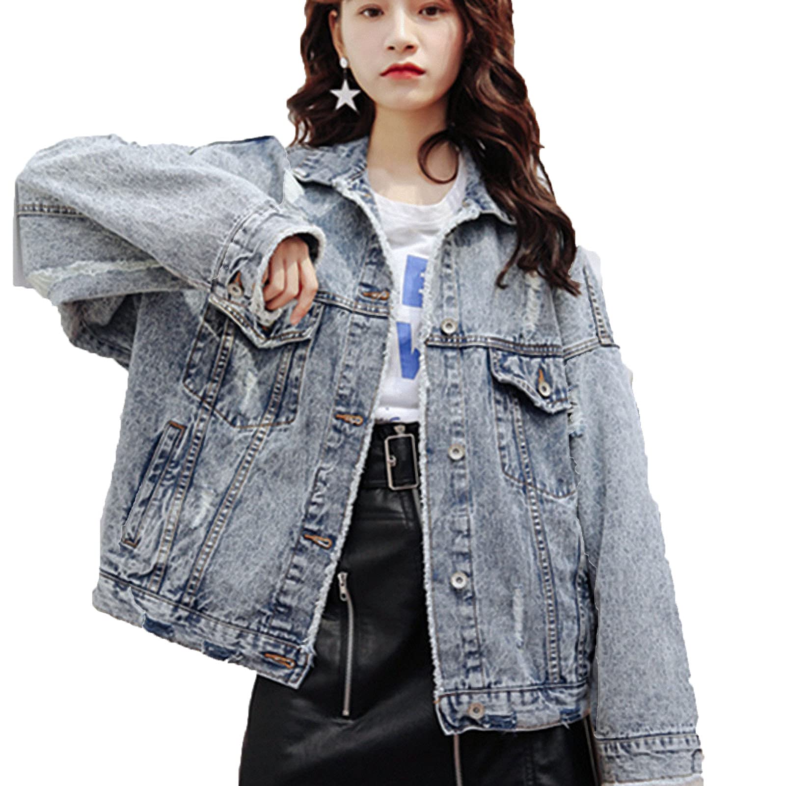 Women's Denim Jacket - Loose Fit Distressed Long Sleeve Retro Cowboy Coat for Spring & Fall | Casual Outfits, Streetwear & Vintage Fashion