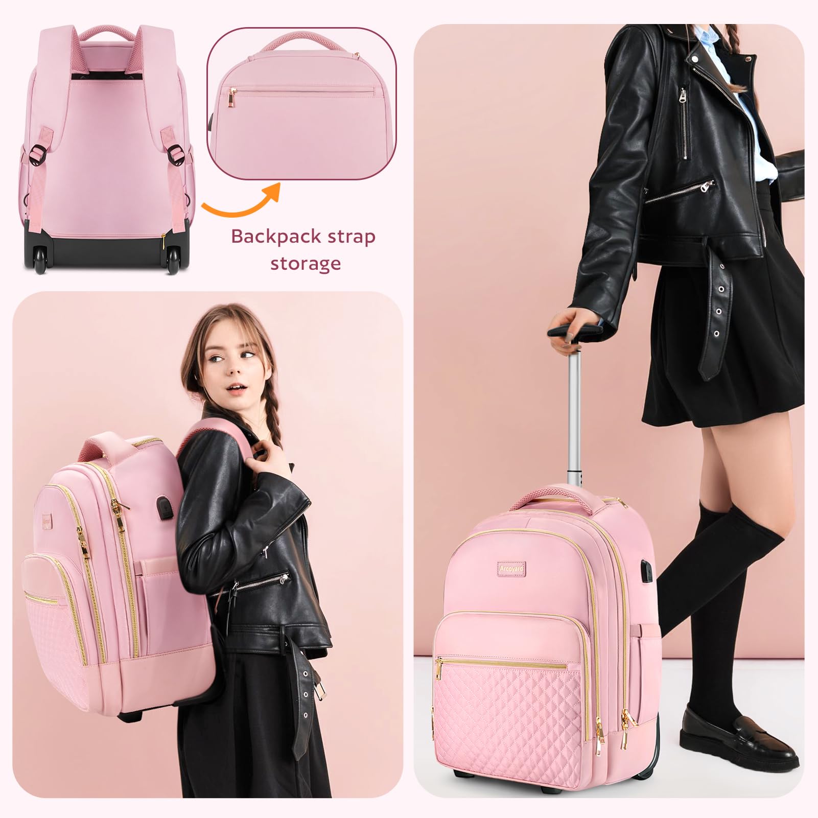 40L Rolling Backpack for Women - Pink Gold Wheeled Carry-On Luggage for Travel