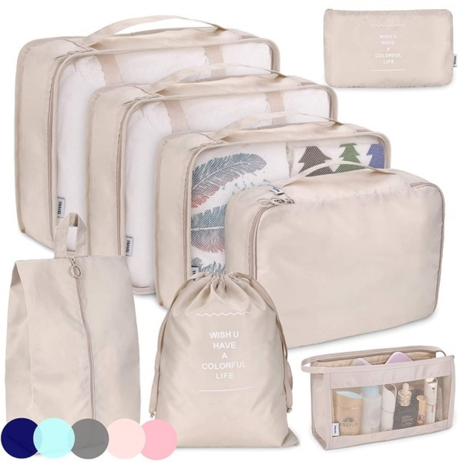 8-Piece Packing Cubes Set for Travel - Foldable Lightweight Suitcase Organizer & Luggage Storage Bags (Beige) | Perfect for Business Trips, Vacations & Weekend Getaways
