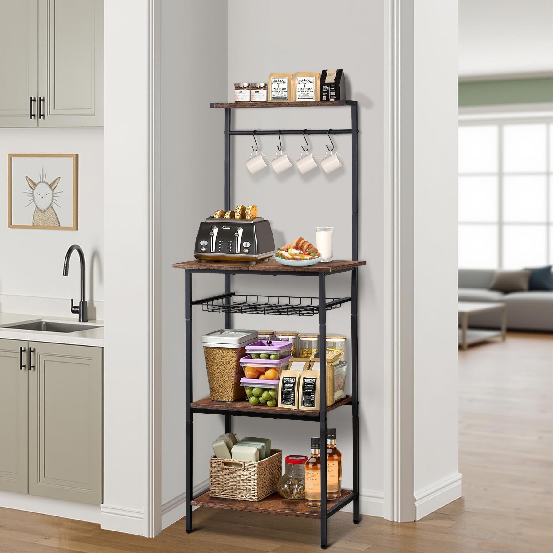 5-Tier Small Coffee Bar Station with Pullout Wire Basket - Compact Corner Coffee Cart for Kitchen, Living Room & Small Spaces - Perfect Mini Narrow Bakers Rack for Home, Office or Dorm Use