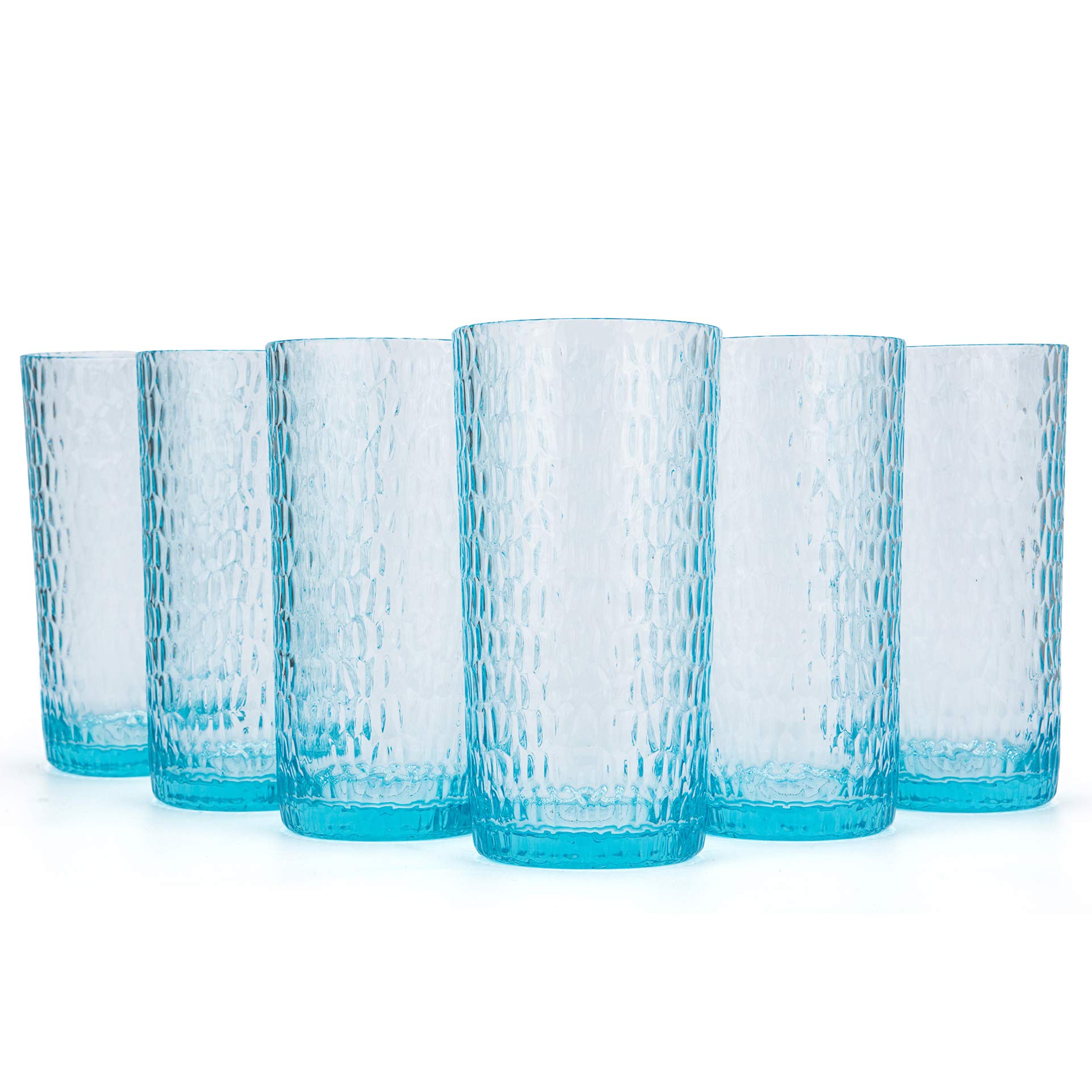 KX-WARE 22oz Honeycomb Design Acrylic Highball Glasses - Set of 6 Shatterproof Plastic Tumblers for Cocktails, Iced Coffee & Smoothies - Perfect for Parties, Bars & Outdoor Use (Blue)