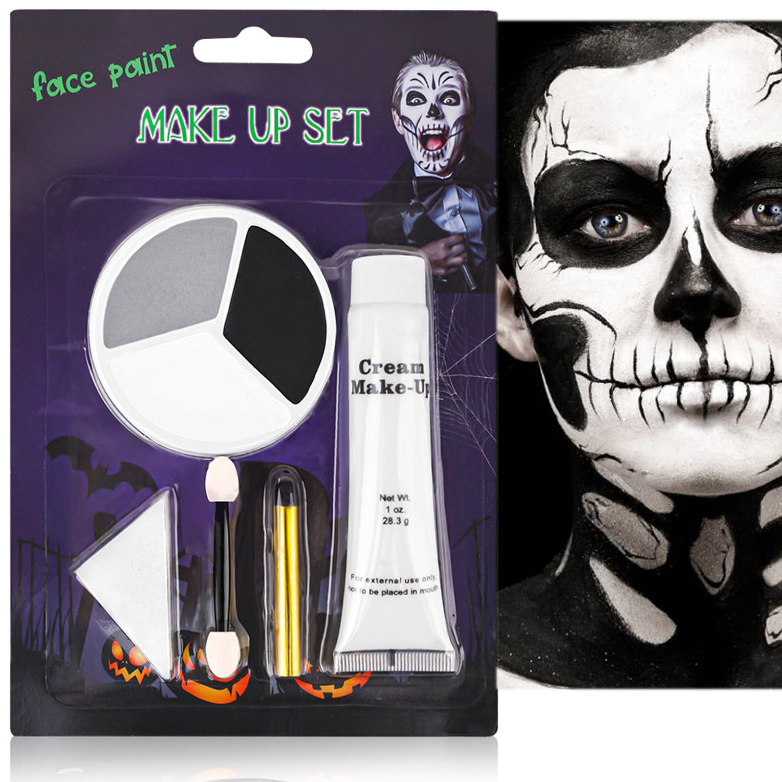 Halloween Makeup Kit - Black White Gray Face Paint with Sponge & Brush | Washable Cream Formula for Clown, Joker, Demon, Vampire Costumes | Perfect for Halloween Parties, Cosplay & Theatrical Performances
