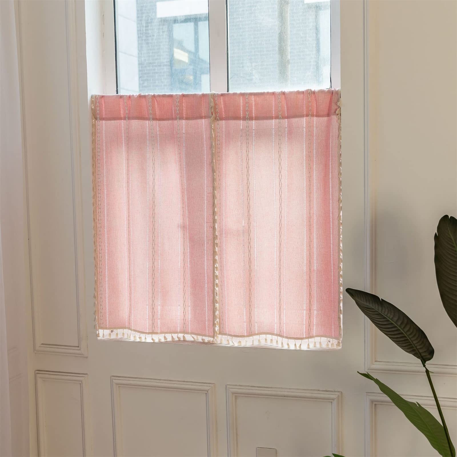 Nordic Style Tassel Lace Floating Curtains - Decorative Cotton Linen Door Drapes, Semi-Sheer Kitchen & Cafe Curtains, Minimalist Solid Color Window Panels (Set of 2) - Perfect for Balcony, Bedroom, Living Room & Cozy Home Decor