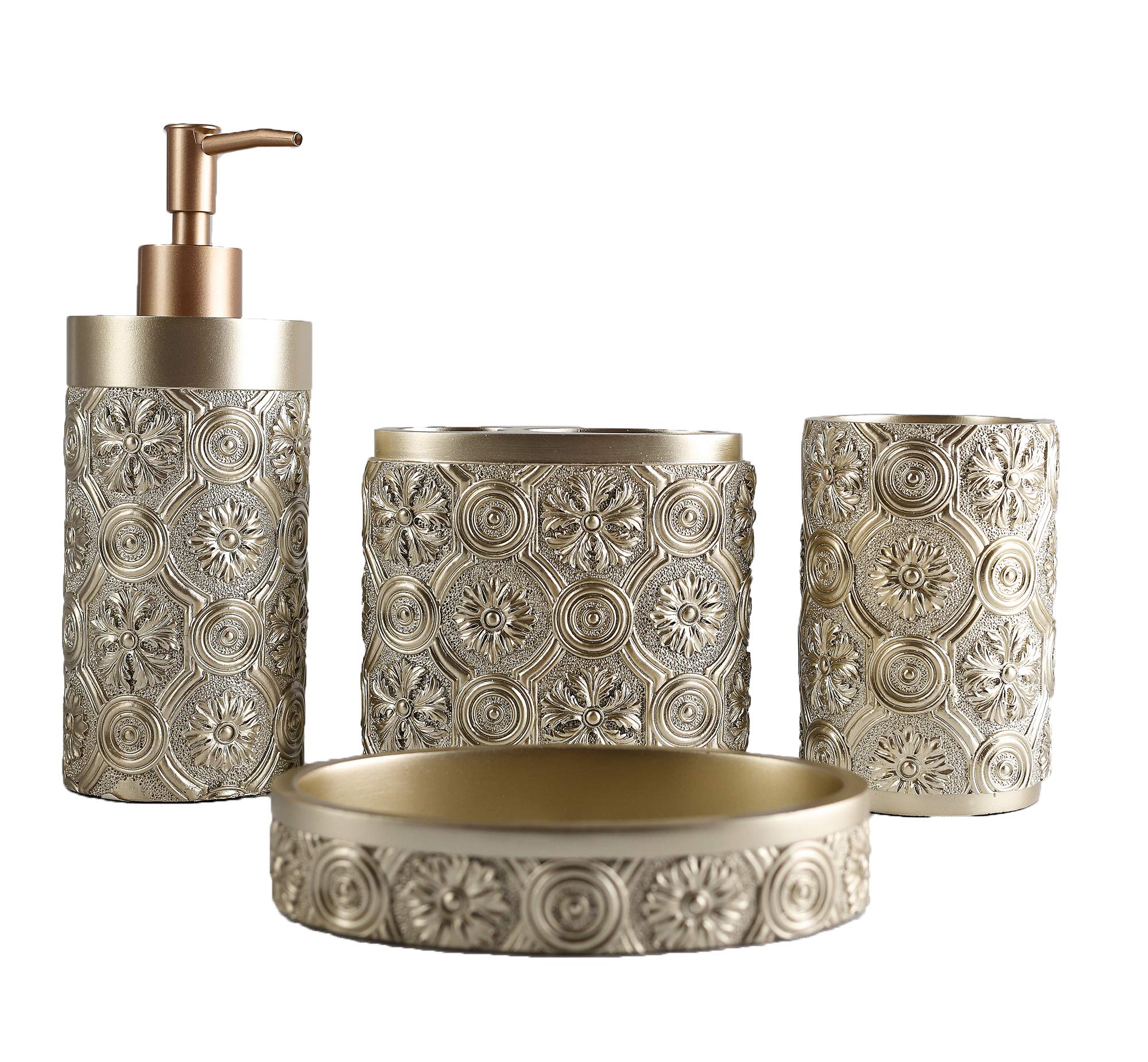Golden Bathroom Accessories Set - 4 Pcs Farmhouse Decor with Toothbrush Holder, Soap Dispenser, Soap Dish & Tumbler | Elegant Resin Gift Set for Apartment Essentials | Perfect for Modern, Vintage & Rustic Bathroom Decor Styles