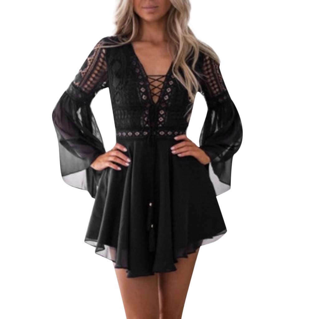 Sexy Black Bodycon Dress for Women - Lace Long Sleeve Bandage Midi Dress, Cocktail & Party Pencil Dress | Perfect for Club Nights, Date Nights & Special Occasions
