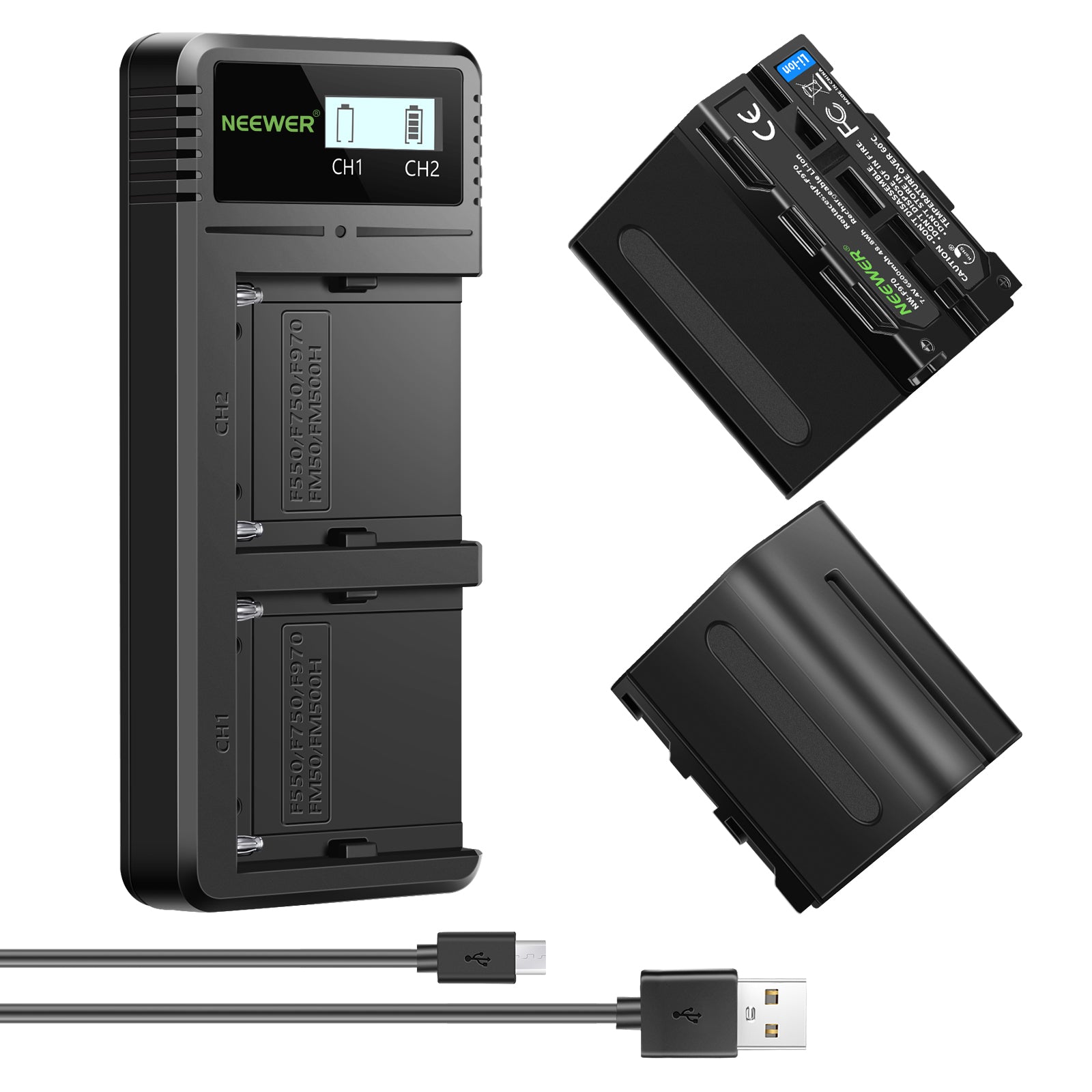 NEEWER 2 Pack Sony NP-F970 Replacement Battery and Dual Charger Kit - Compatible with Sony Cameras, Camcorders & DSLR for Professional Photography & Videography