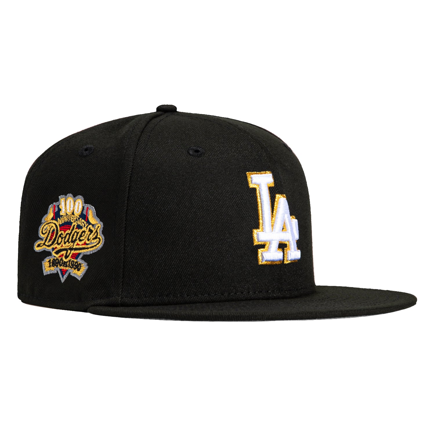 New Era 59Fifty Los Angeles Dodgers 100th Anniversary Patch Snapback Hat - Black & Metallic Gold - Official MLB Baseball Cap for Men & Women - Perfect for Games, Collecting & Streetwear Fashion
