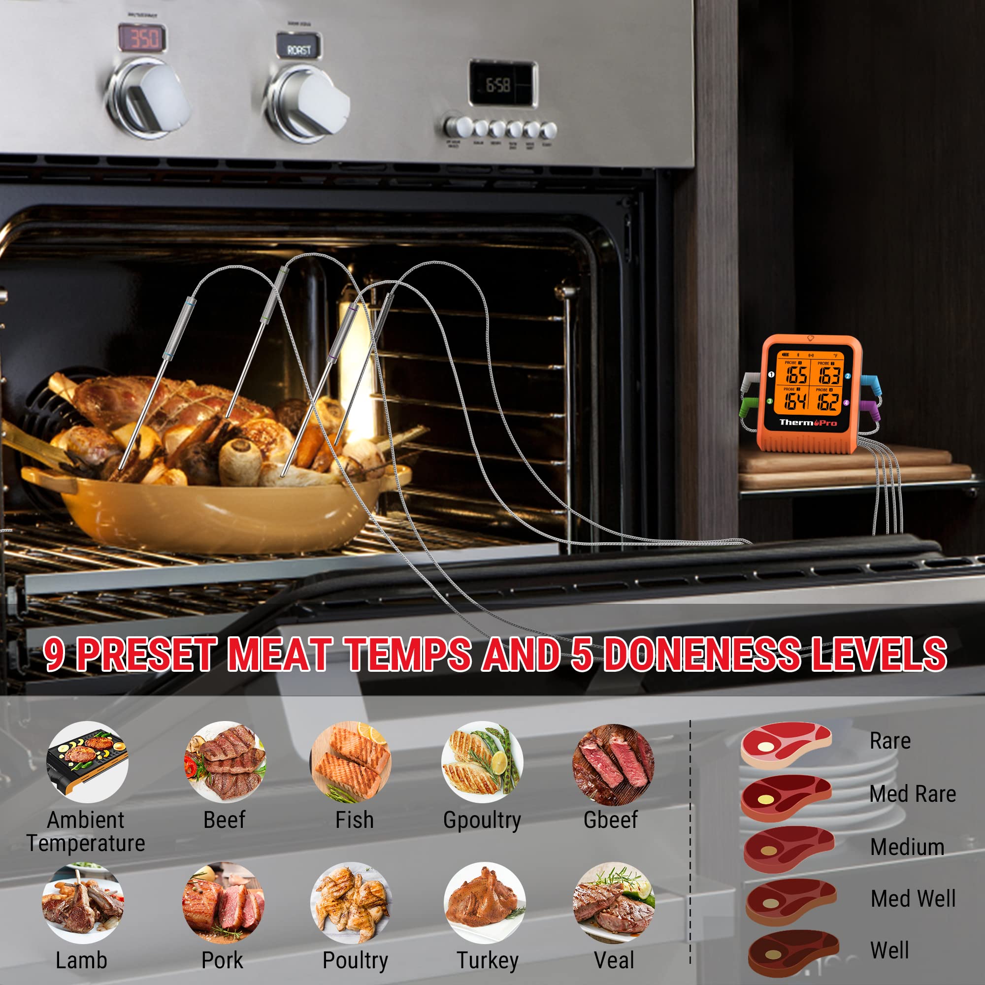 ThermoPro 650 ft Bluetooth Meat Thermometer with 4 Color-Coded Probes - Wireless Digital Cooking Thermometer with Timer & Rechargeable Battery - Perfect for Smoker, Oven, Grill, BBQ, and Commercial Kitchen Use