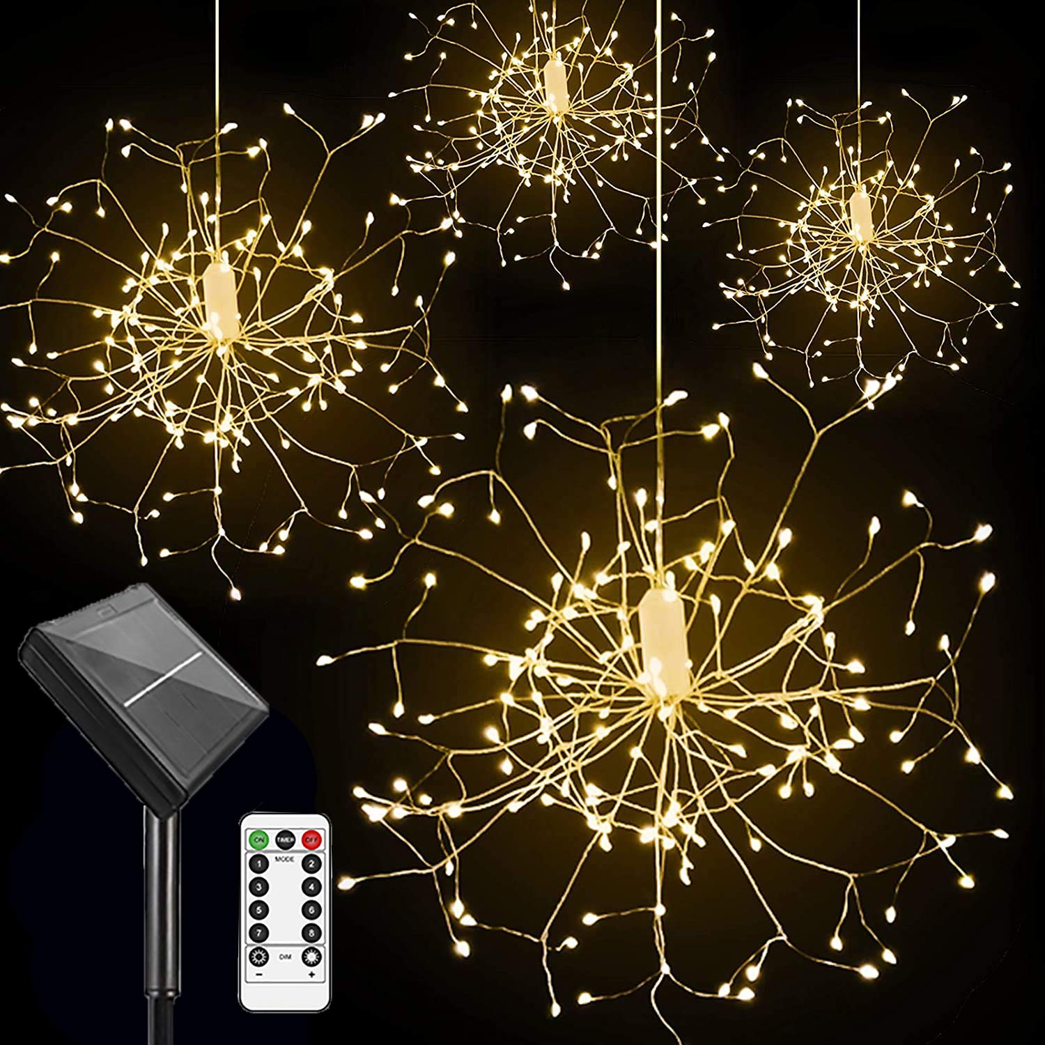 Solar String Lights 480LED Firework Fairy Lights - 8 Modes for Outdoor & Indoor Decoration - AMZSTAR Warm White for Parties, Bedroom, Garden