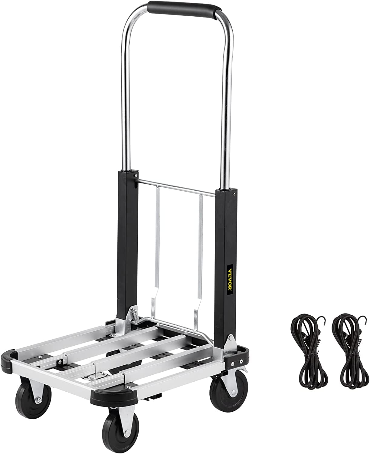 VEVOR Folding Platform Truck - Heavy Duty Aluminum Utility Cart with Telescoping Handle & 4 Wheels, 330LBS Capacity - Portable Adjustable Length Push Cart for Luggage, Travel, Shopping, Warehouse, Office & Home Use