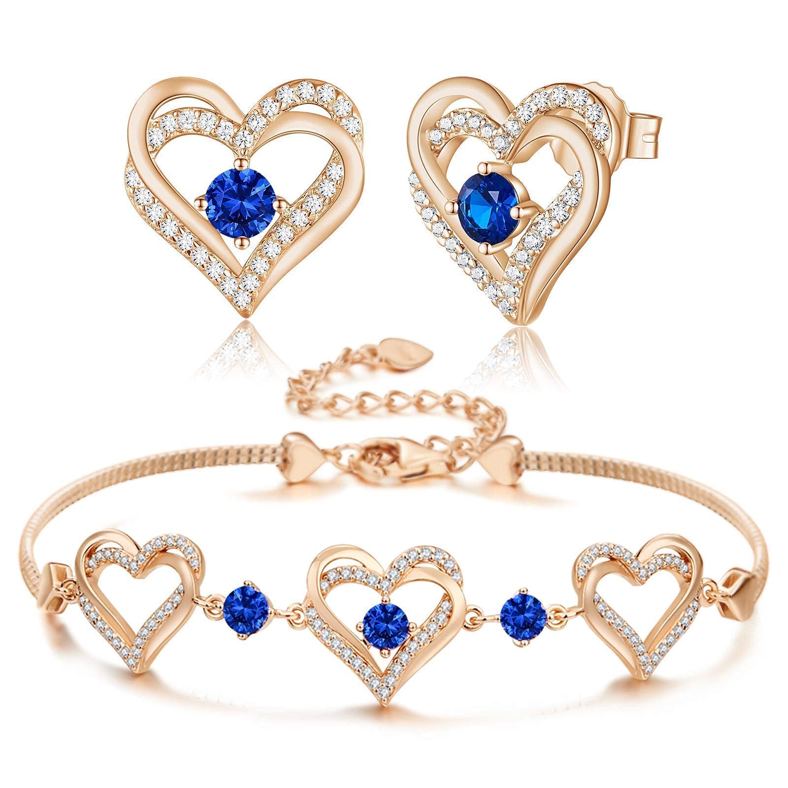 Forever Love Heart Stud Earrings & Bracelet Set - 925 Sterling Silver Rose Gold Plated with 5A Cubic Zirconia Birthstone Jewelry | Perfect Christmas, Birthday Gift for Women, Wife, Mom, Girls | Elegant Everyday Wear & Special Occasion Gift