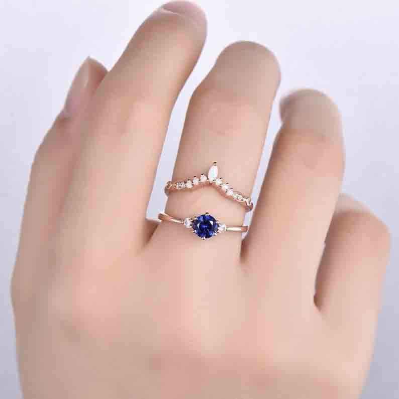 Sapphire Selene Diamond Ring & Opal Stackable Band Set – 2-Piece Wedding & Anniversary Jewelry for Women | Perfect for Bridal, Engagement, and Special Occasions