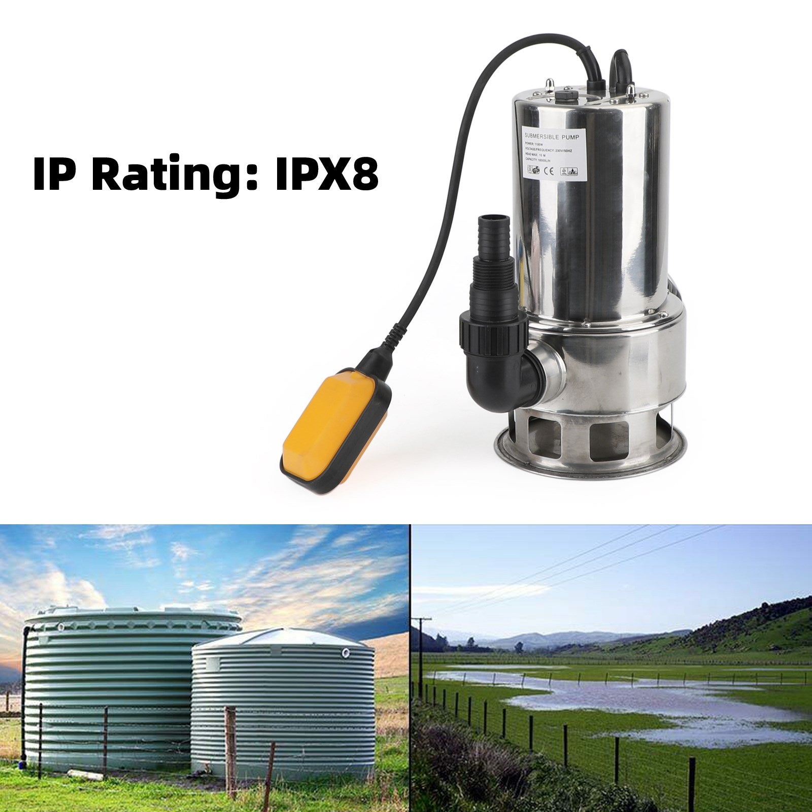1100W Submersible Dirty Water Pump for Bore Tank Well - Automatic Steel Construction - Ideal for Flood Control, Drainage, and Irrigation