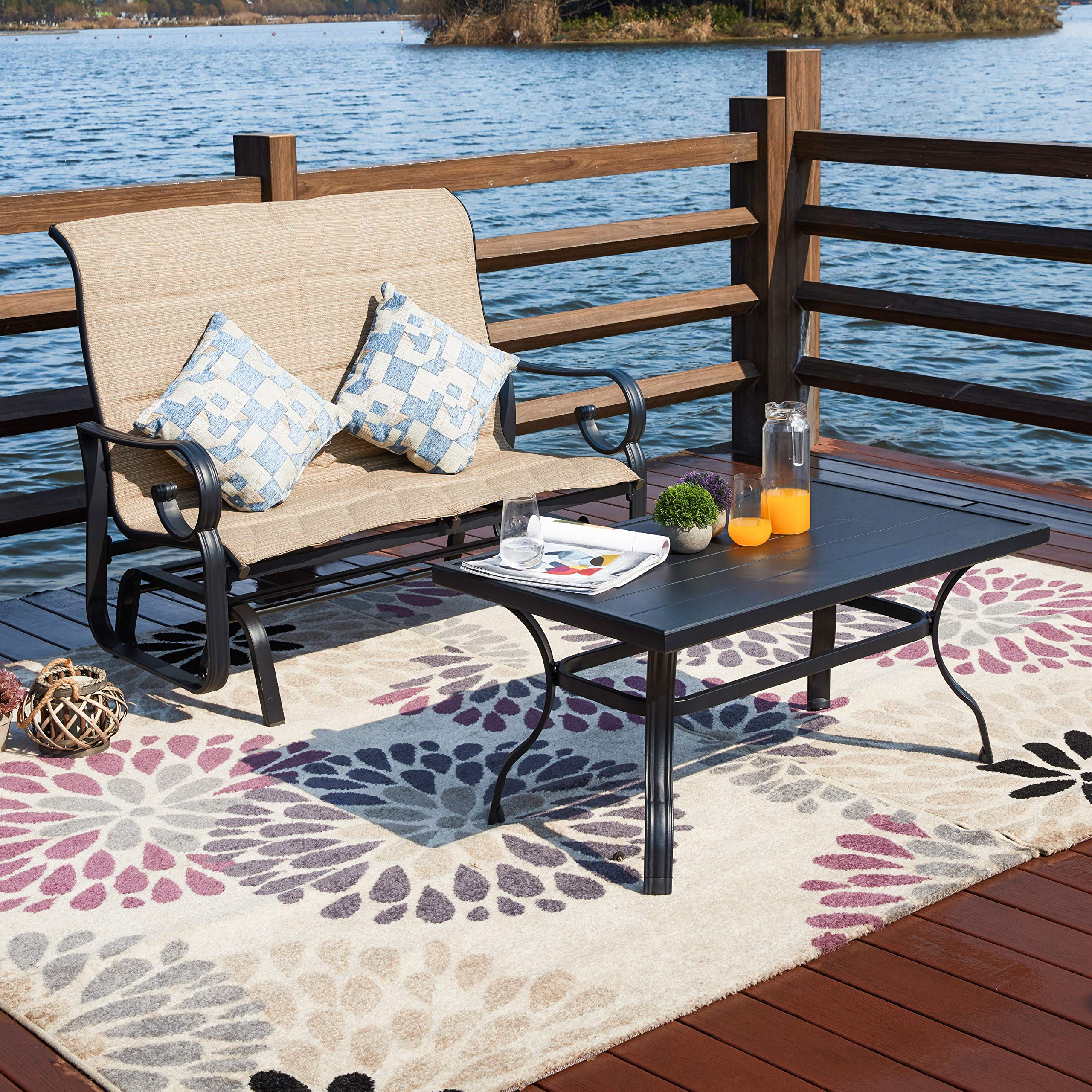 LOKATSE HOME Outdoor Glider Chair Set - 2-Person Rocking Loveseat with Side Table, Weather-Resistant Patio Furniture for Backyard, Garden, Beach & Poolside (Beige) | Perfect for Relaxing, Sunbathing and Outdoor Entertaining