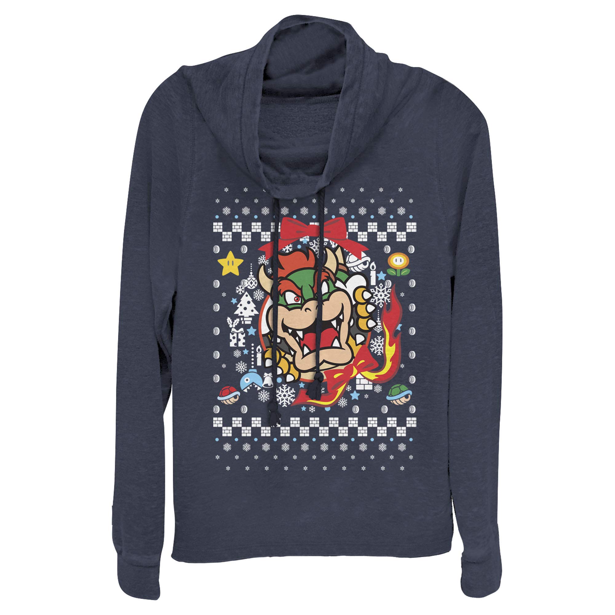 Junior's Nintendo Christmas Bowser Wreath Cowl Neck Sweatshirt | Holiday Gaming Apparel for Kids & Teens | Perfect for Christmas Parties & Gaming Events