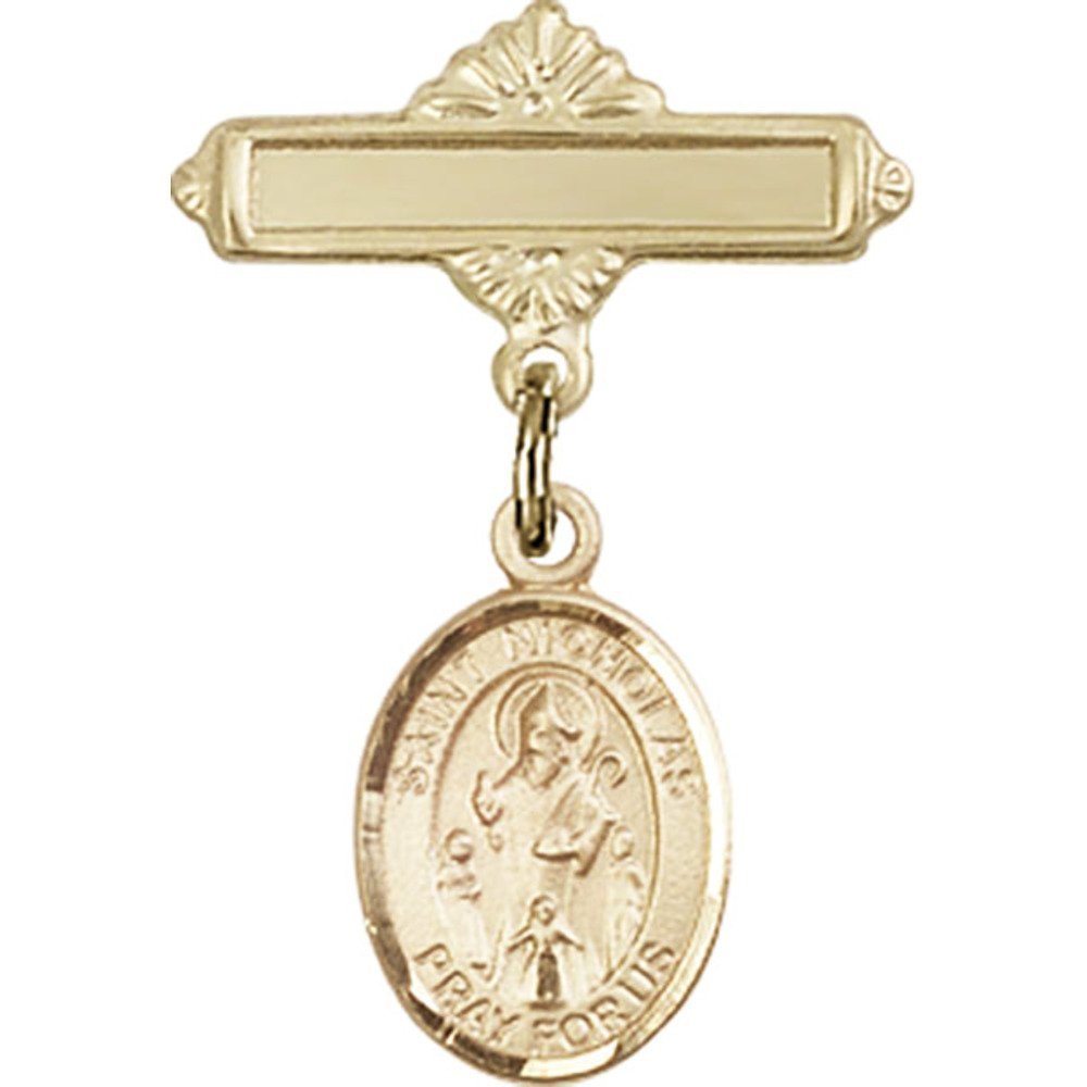 Gold Filled Baby Badge with St. Nicholas Charm - 1 X 5/8 Inch Polished Pin for Christening Gifts, Baby Shower Favors & First Communion Keepsakes