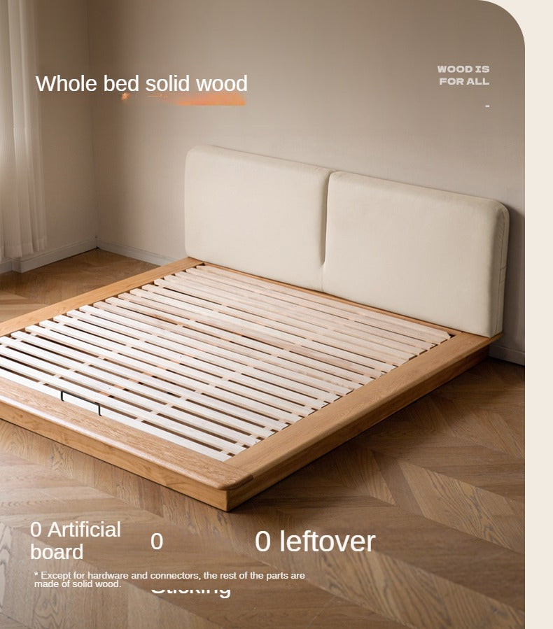 Solid Oak Wood Floating Platform Bed with Soft Fabric Headboard - Modern Technology Bed Frame for Bedroom, Living Room, or Guest Room
