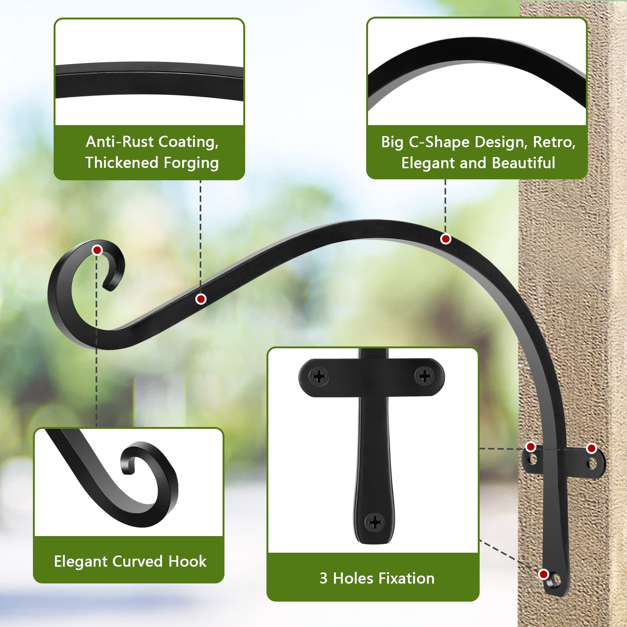 HOOPLE Heavy Duty Outdoor Plant Hangers 2 Pack - 12 Inch Extra Long Cast Iron Hanging Brackets for Flower Baskets, Black Metal Hooks with Elegant Design - Perfect for Porch, Garden, and Patio Decor