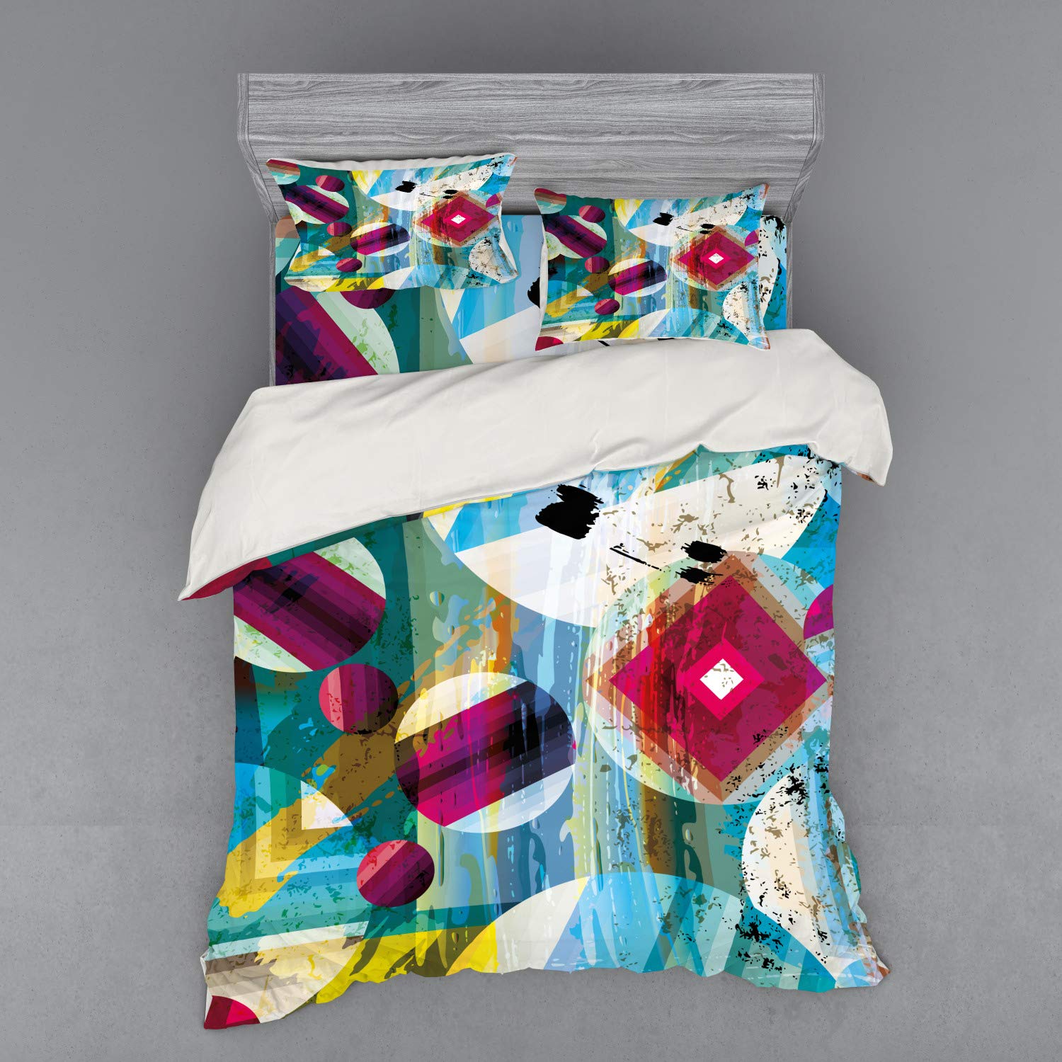 Ambesonne Modern Art Duvet Cover Set - Vintage Geometric & Space Planet Print 4-Piece Bedding (Queen Size, Multicolor) with Shams & Fitted Sheet for Stylish Bedroom Decor | Perfect for Teens, Adults & Space-Themed Rooms