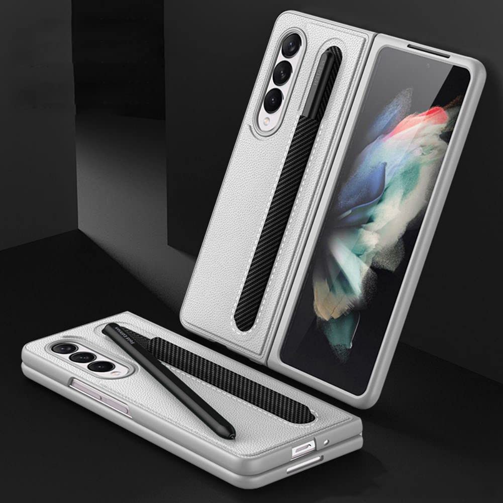 Premium Leather Samsung Galaxy Z Fold 3 5G Case with S Pen Holder | Shockproof Protective Phone Cover for Galaxy Z Fold 3 (2021) | Slim Durable Case in Elegant Silver | Perfect for Business Professionals & Travel Use