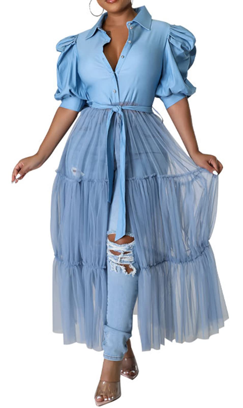Choichic Women's Sheer Mesh Patchwork Maxi Dress - Button Down High Waist Short Sleeve Tunic with Belt | Summer Beach Cover Up, Boho Chic Outfit, Casual Party Wear