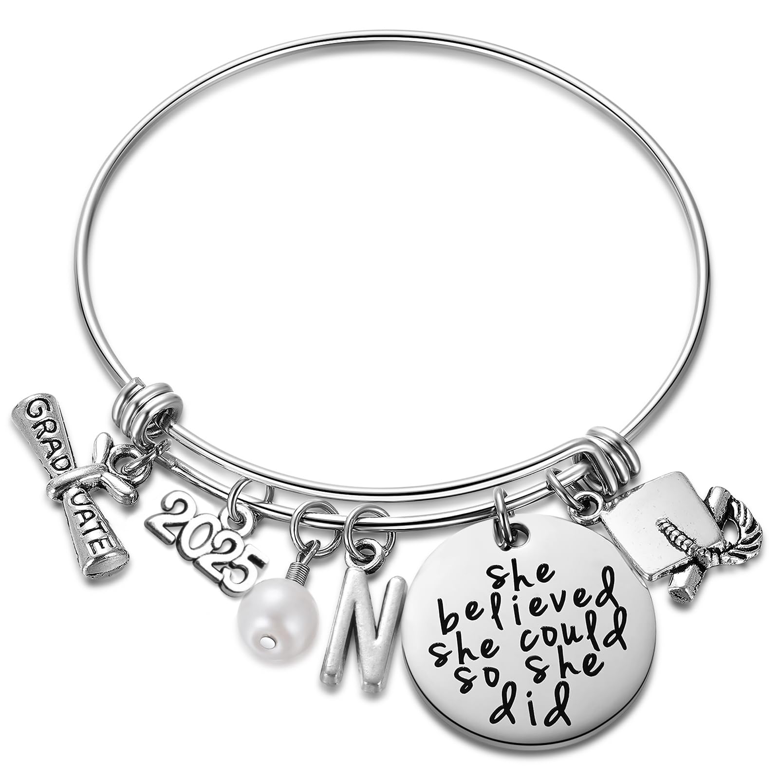 Ukodnus Class of 2025 Graduation Bracelet - Personalized 26 Initial Charm Bracelet for High School & College Seniors - Inspirational Gift for Her - Perfect for Graduation Ceremonies, Senior Week & Milestone Celebrations
