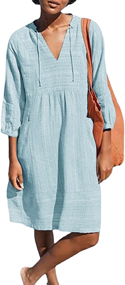 Lafural Women's V-Neck Cotton Casual Loose Shift Tunic Dress - Summer Vacation Smock with 3/4 Sleeves & Pocket | Perfect for Beach Outings, Weekend Brunch & Casual Office Wear