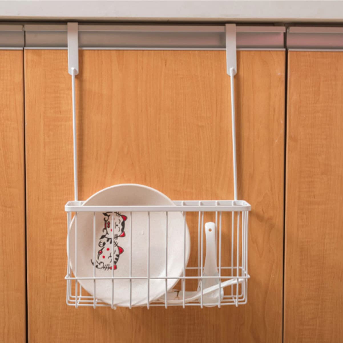 Stainless Steel Wire Cabinet Door Organizer - White Kitchen Hanging Basket (41x26.5cm) - 2-Tier Space Saving Storage for Cookware, Pans & Cutting Boards - Perfect for Small Kitchens & Pantry Organization
