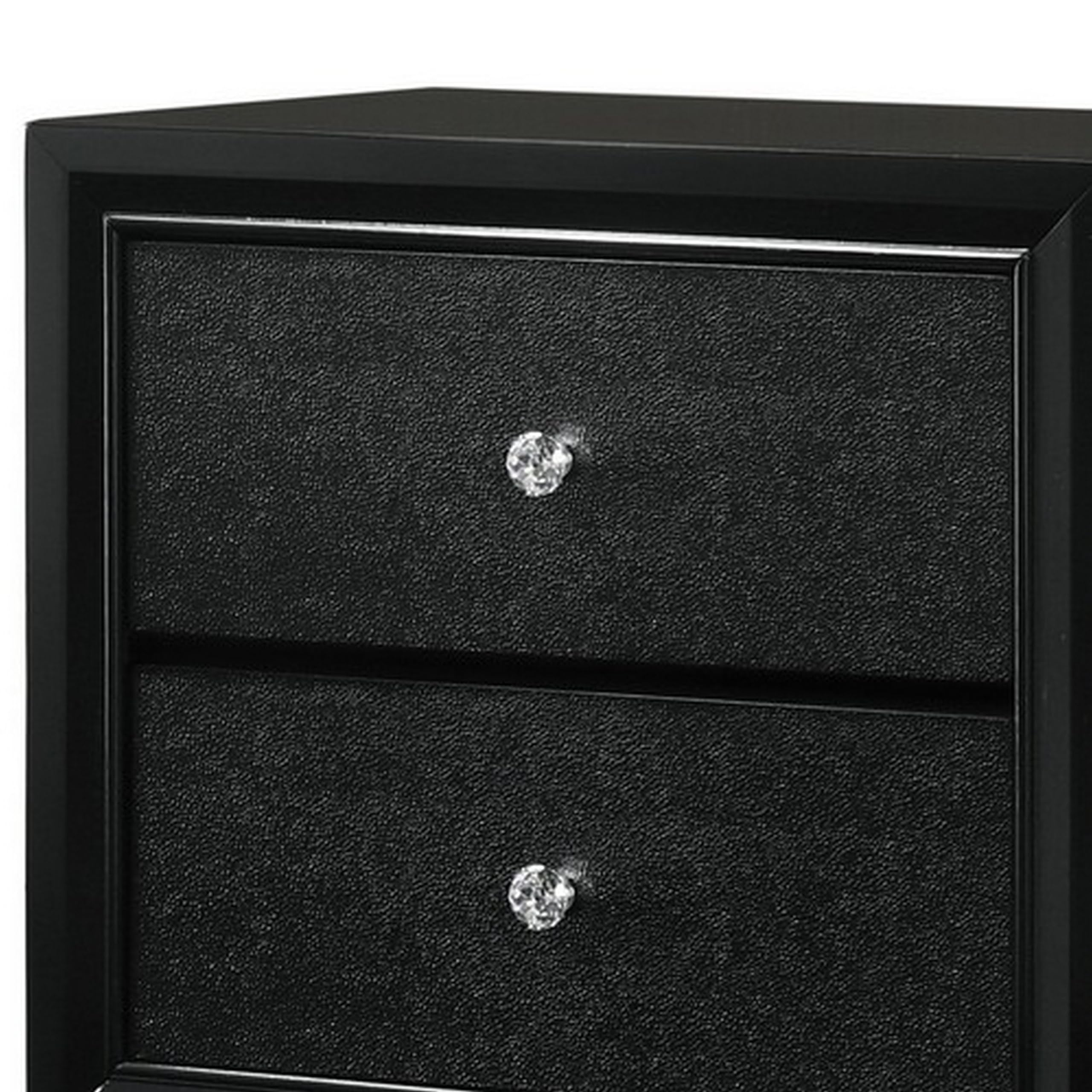 Benjara 2 Drawer Wooden Nightstand with Textured Details and Crystal Pulls - Black Finish for Bedroom, Living Room, or Guest Room - Stylish and Functional Bedside Table with Storage