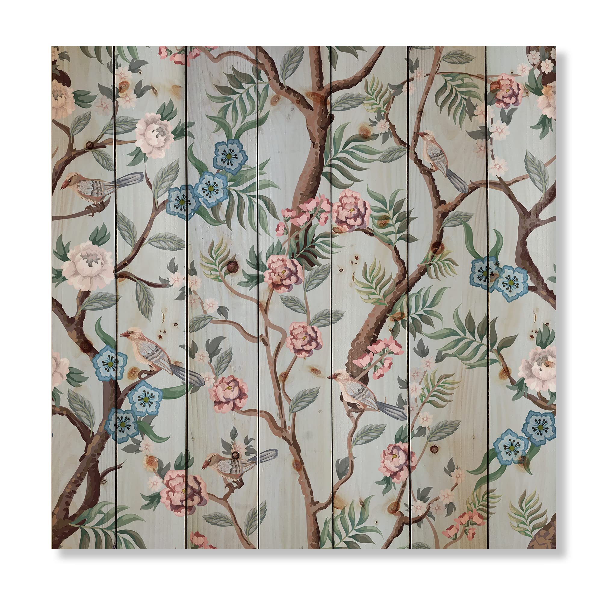 Chinoiserie Bird & Peony Traditional Wood Wall Decor - Grey Wood Art Panel with Large Animal Prints on Natural Pine - Perfect for Living Room, Bedroom & Office Decor