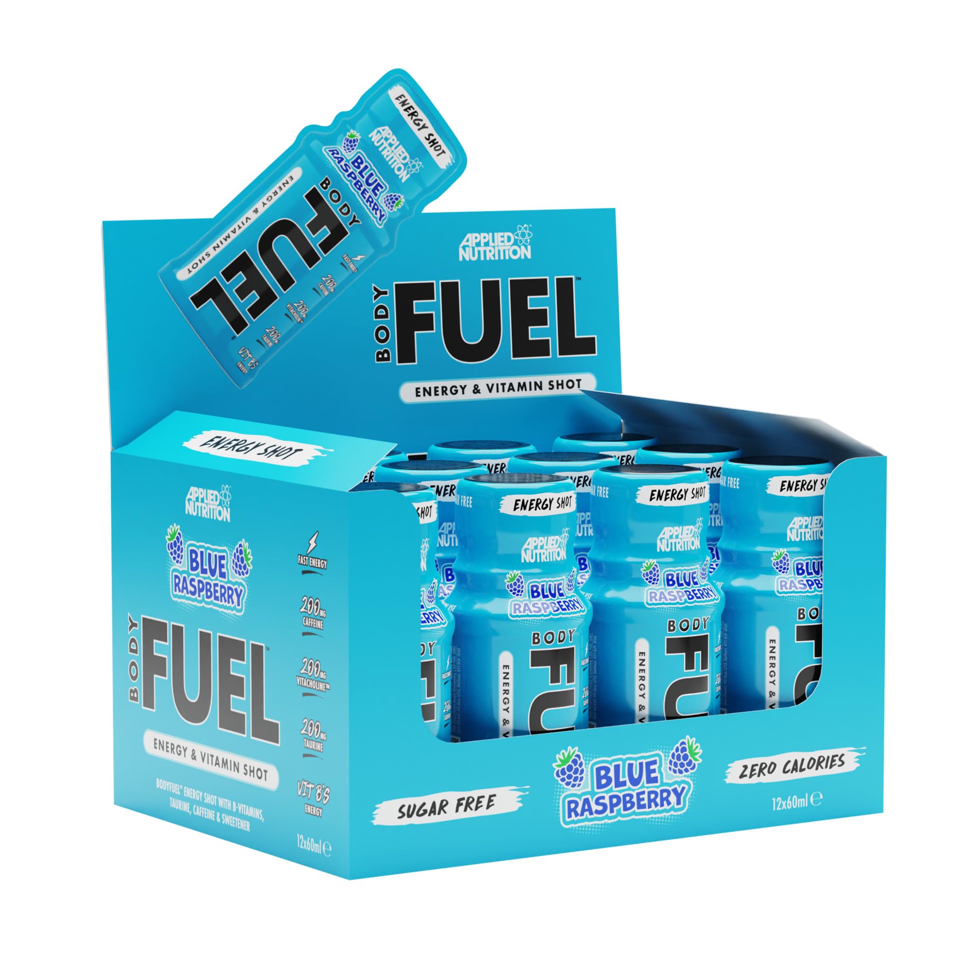 Applied Nutrition Body Fuel Energy Shots - 12 Pack (60ml Each) - Blue Raspberry Flavor - Boost Energy & Focus for Workouts, Study & Long Days