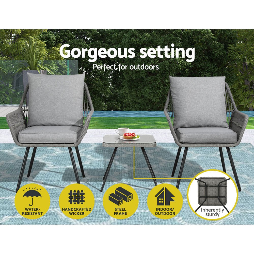 3-Piece Outdoor Bistro Set - Patio Dining Chairs & Table in Grey - Perfect for Garden, Balcony, and Backyard Relaxation