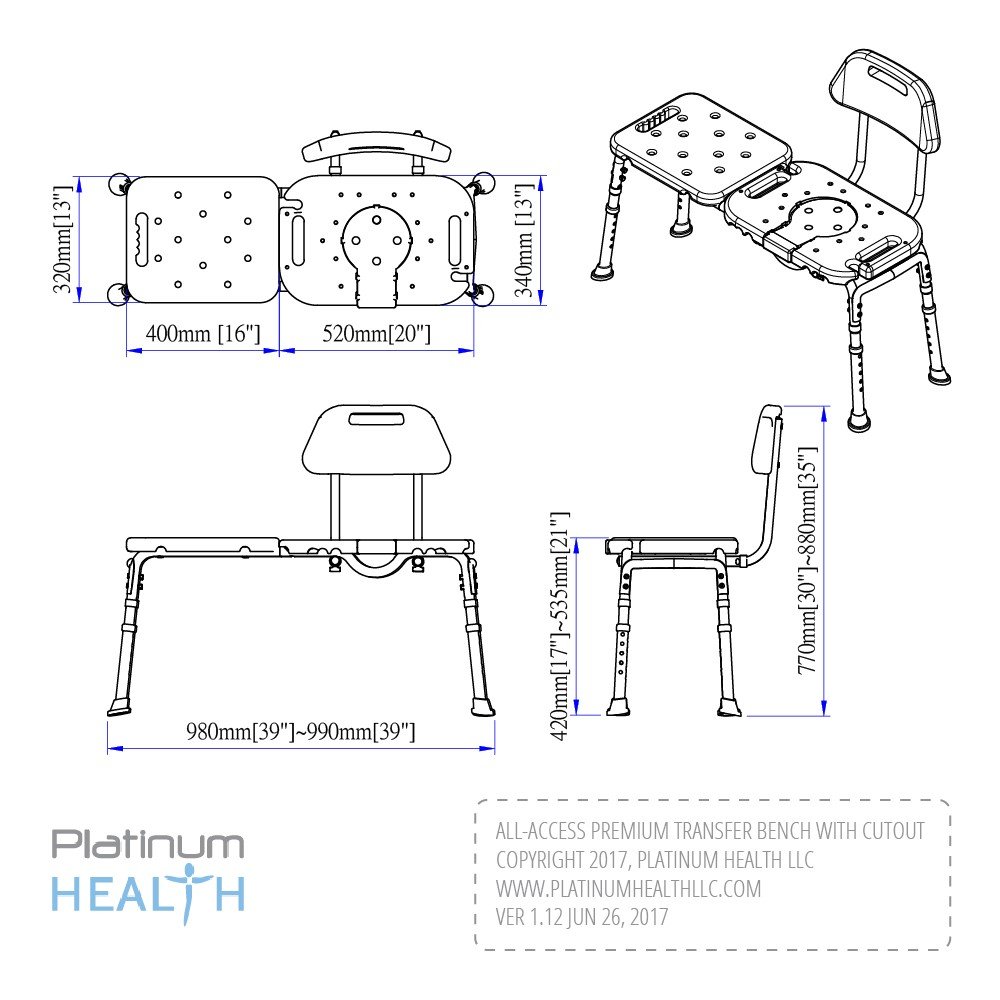 Platinum Health Bath Transfer Bench with Cutout Shower Seat - Adjustable Height Deluxe Shower Chair for Seniors & Elderly - All-Access Tub Transfer Seat with Removable Insert - Ideal for Safe Bathing & Showering Assistance (Blue)