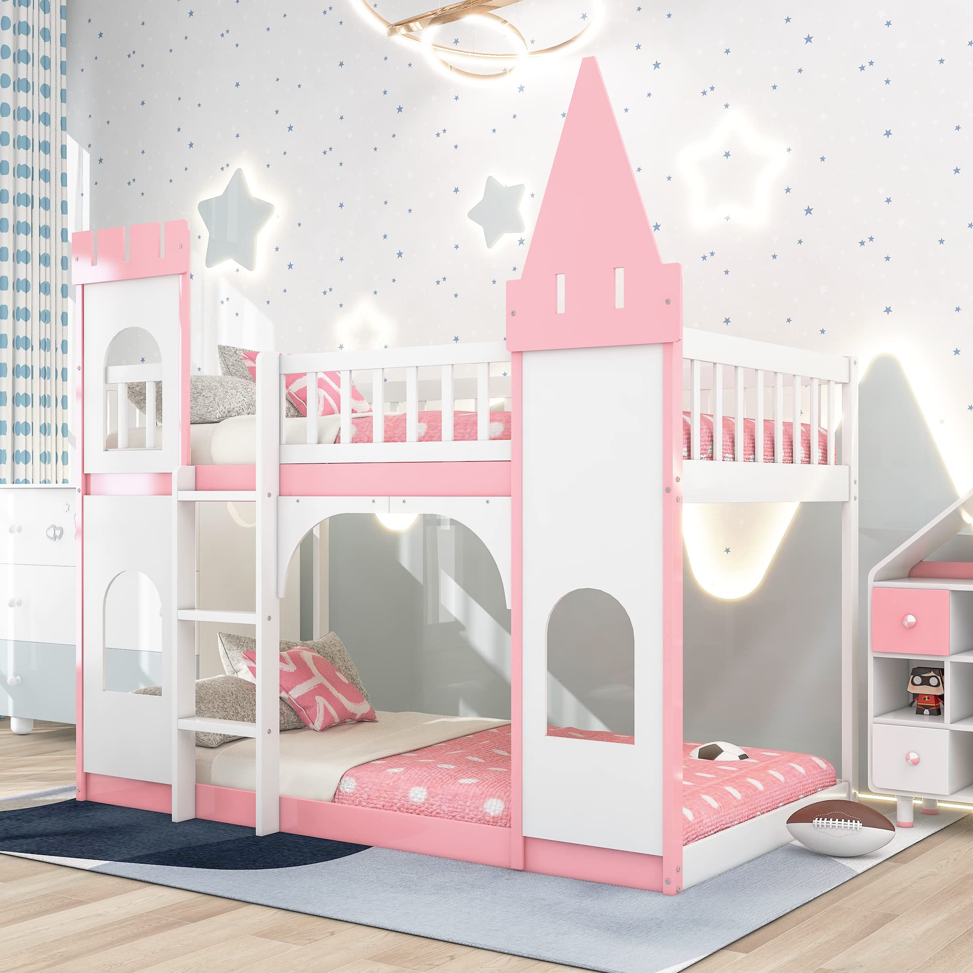 MERITLINE Twin Over Twin Wooden Castle Loft Bunk Bed with Safety Rail & Ladder - Kids Low Bunk Bed Frame for Boys & Girls - Perfect for Bedroom, Dorm, Playroom & Sleepovers (Pink)