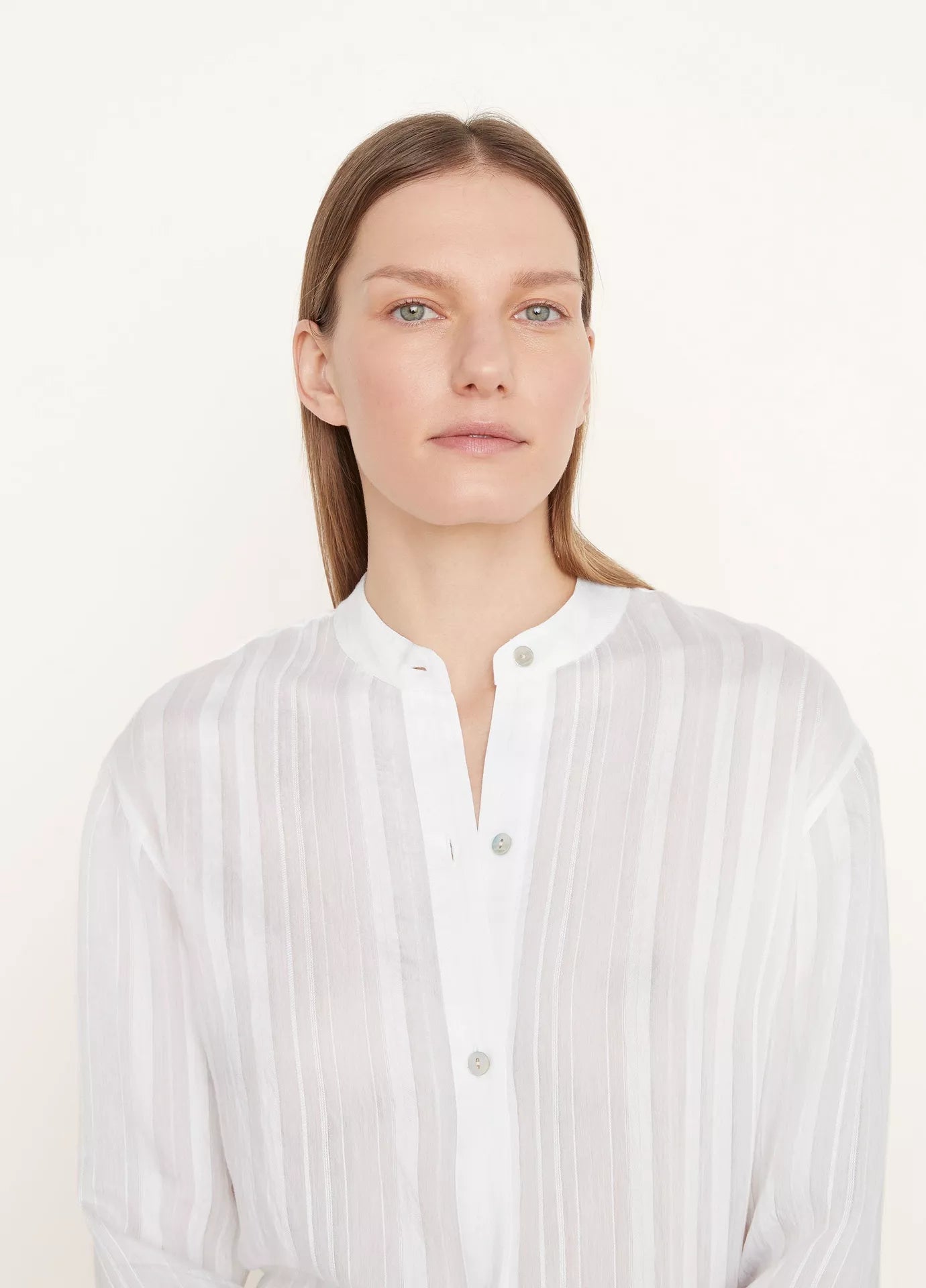 Stylish Drapey Stripe Band Collar Shirt in Optic White | Casual & Office Wear | Perfect for Business Meetings & Weekend Outings