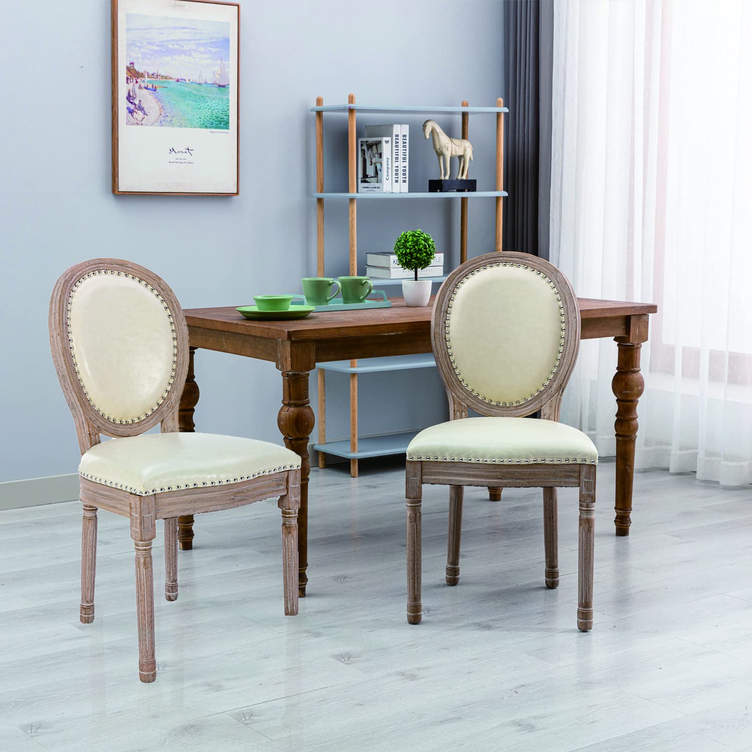Nrizc French Country Dining Chairs Set of 2 - Genuine Leather Farmhouse Kitchen Chairs with Round Back & Solid Wood Legs - Elegant Oval Side Chairs for Dining Room, Bedroom, Kitchen or Breakfast Nook - Perfect for Farmhouse Decor, Rustic Weddings and Cozy Family Gatherings