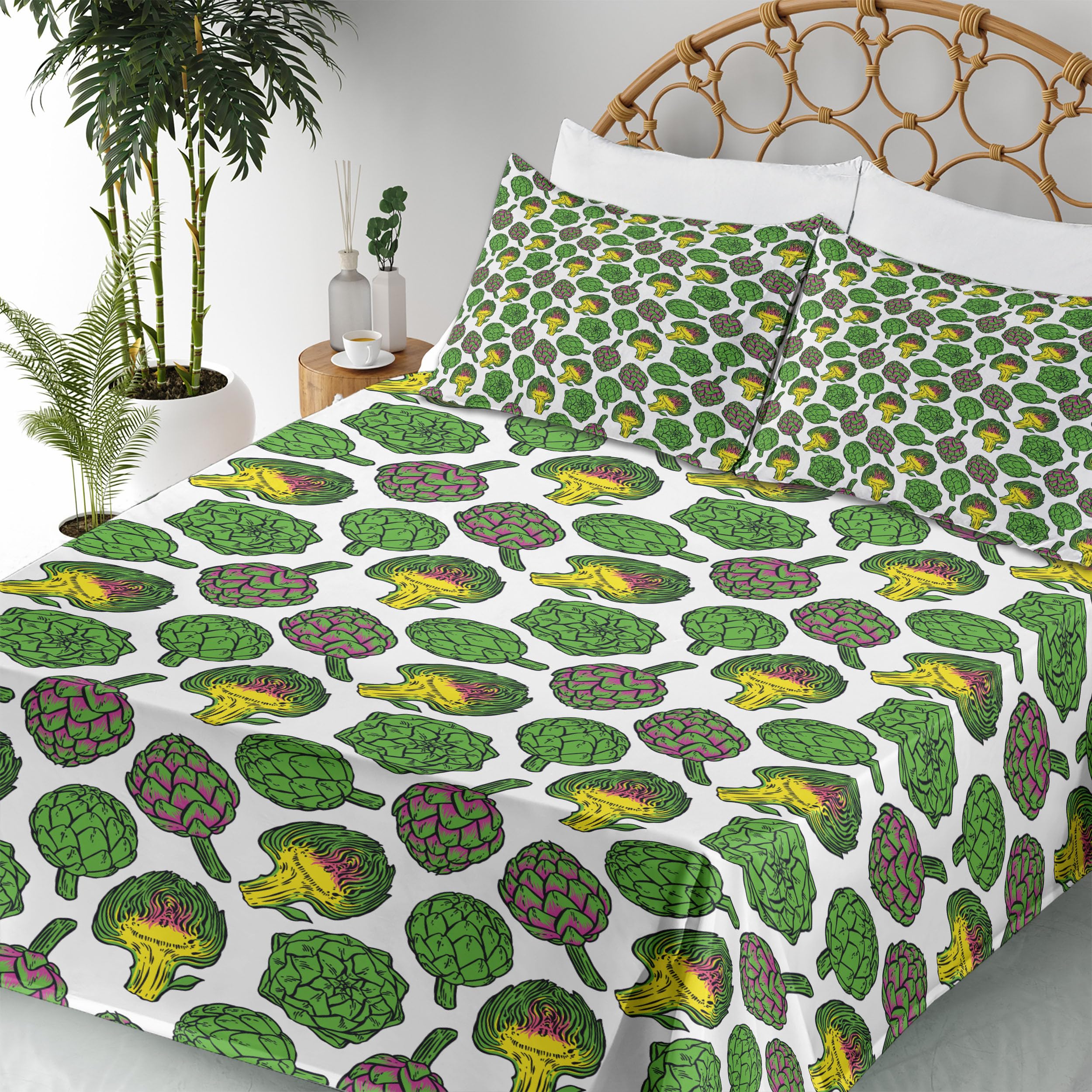 Ambesonne Artichoke 4-Piece King Size Sheet Set - Vivid Yellow & Fern Green Artichoke Print, Fitted & Flat Sheets with Pillowcases | Vegan-Friendly Cooking & Grocery Themed Bedding | Perfect for Farmhouse, Kitchen-Themed, or Vegan Lifestyle Home Decor
