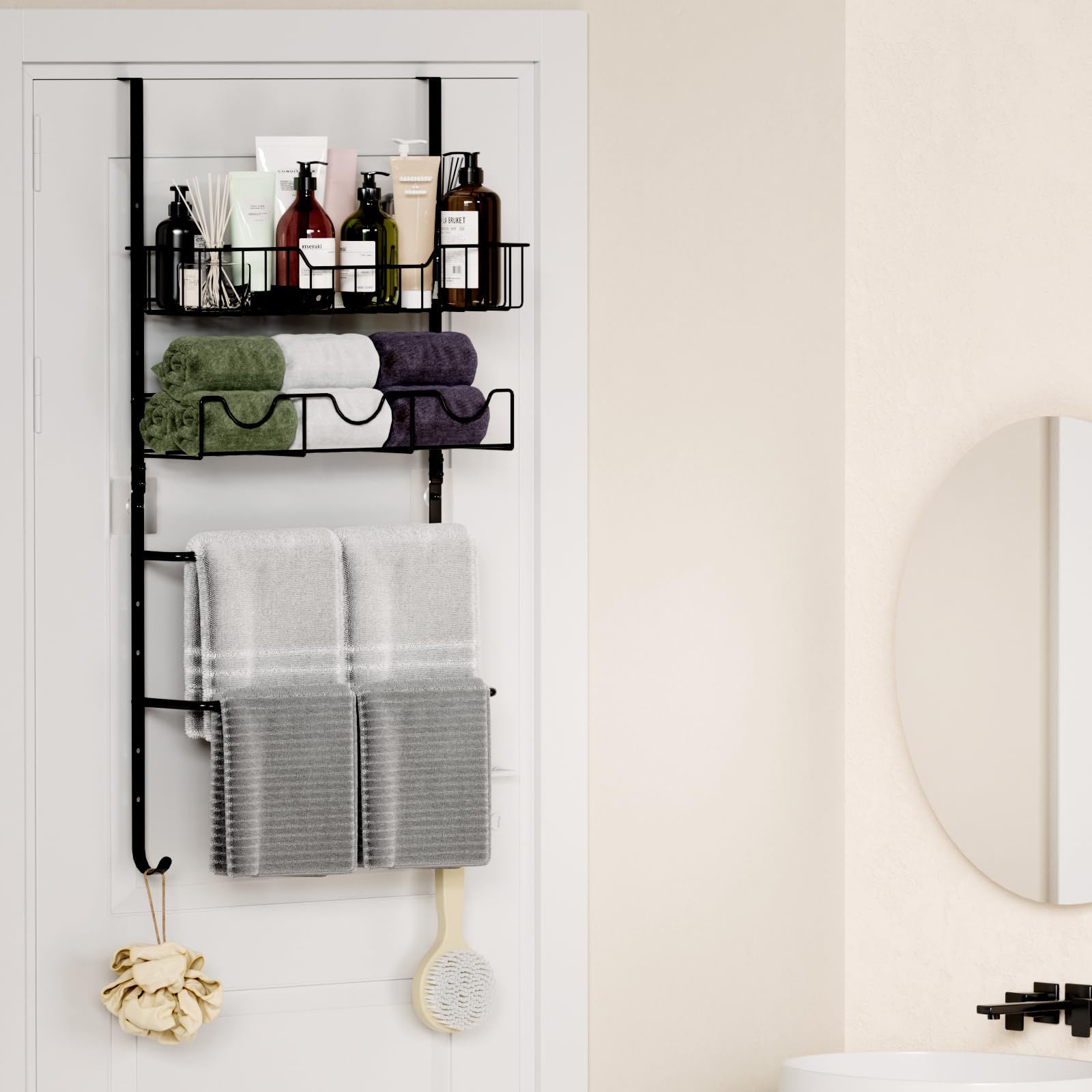 4-Tier Adjustable Over The Door Towel Rack with Storage Basket - Space Saving Bathroom Towel Holder for Bath, Shower & Kitchen Organization - Perfect for Small Spaces, Apartments & Dorm Rooms