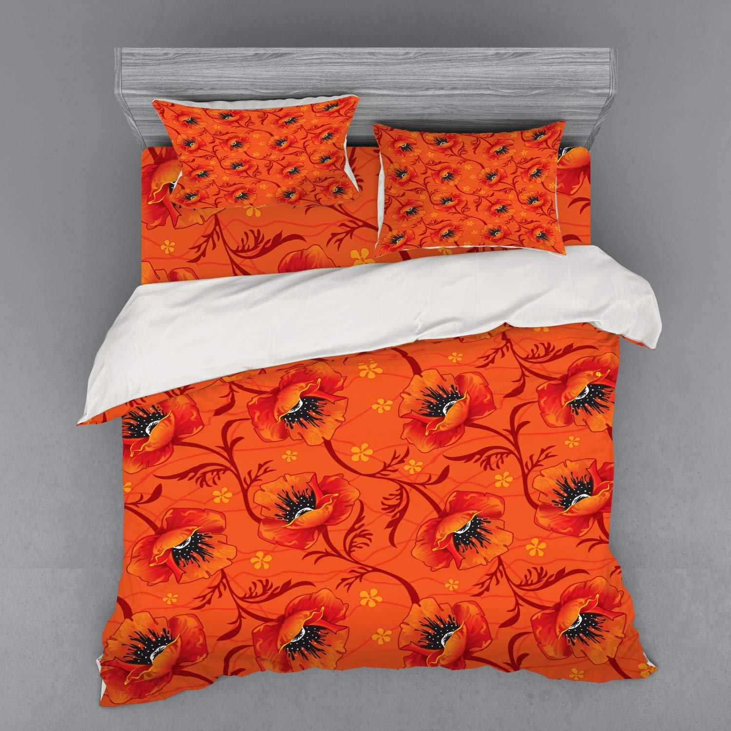 Ambesonne Bohemian Floral Duvet Cover Set - 4 Piece King Size Bedding with Poppy Flower Print in Burnt Orange & Yellow | Perfect for Master Bedroom, Guest Room & Bohemian Home Decor