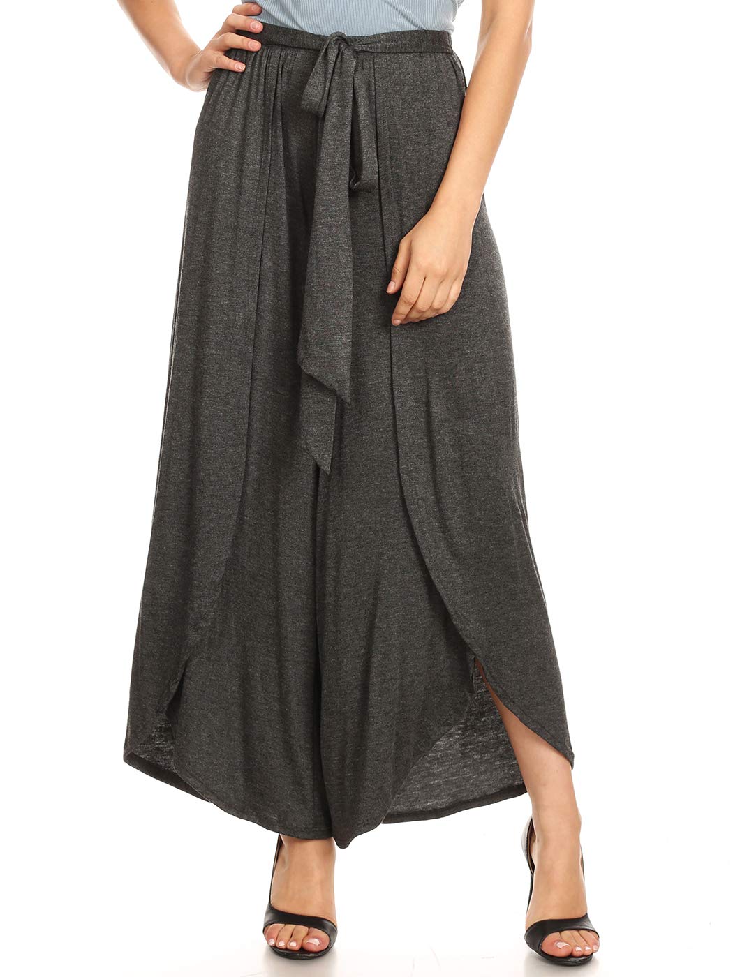 Women's High Waist Flowy Palazzo Pants with Side Slits - Wide Leg Cropped Layered Pants & Skirt Hybrid for Summer, Beach, Yoga, and Casual Wear