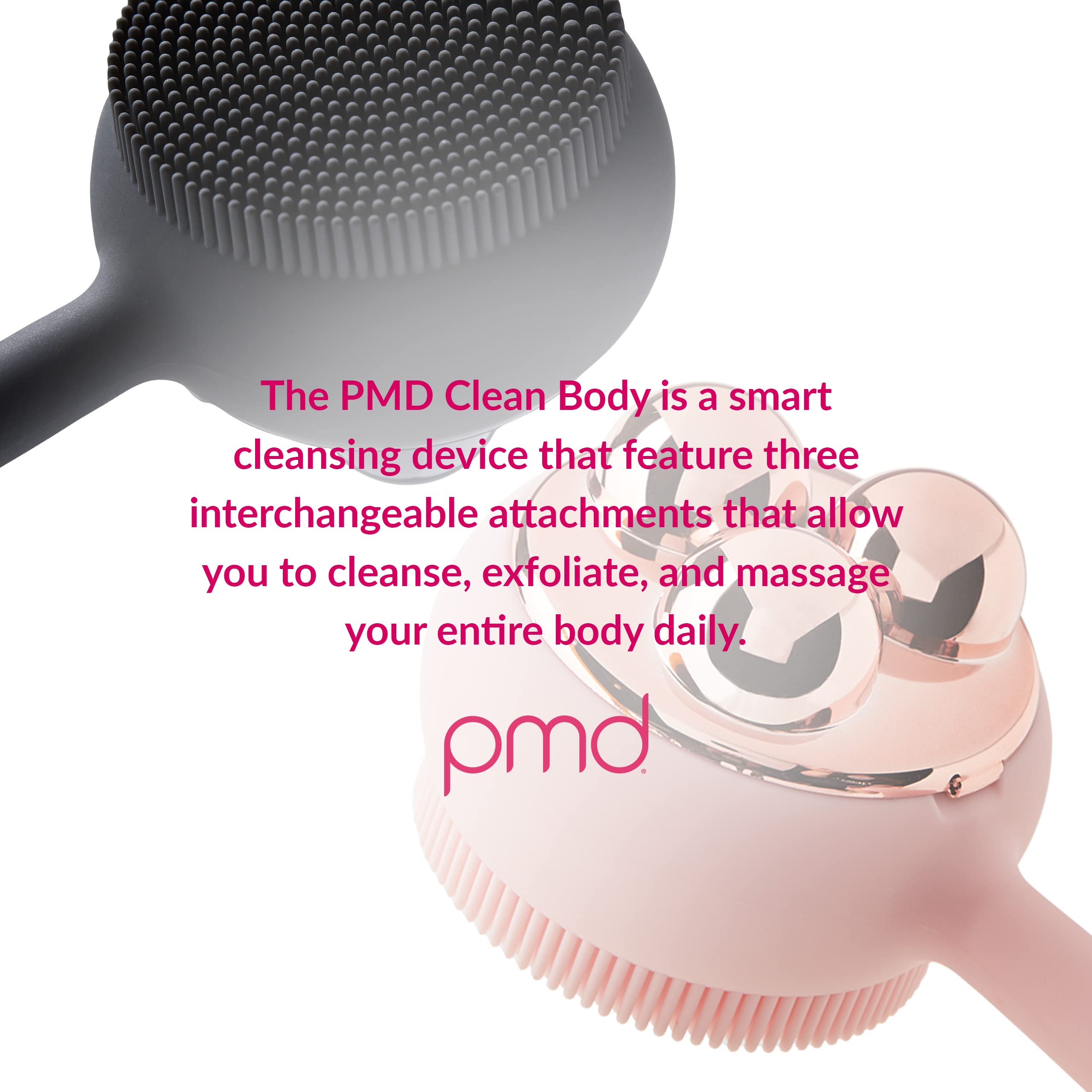 PMD Clean Body - Smart Sonic Body Cleansing Device with 3 Interchangeable Silicone Brush Heads - Waterproof Exfoliator & Massager for Smooth Skin - Perfect for Shower, Spa & At-Home Skincare Routine