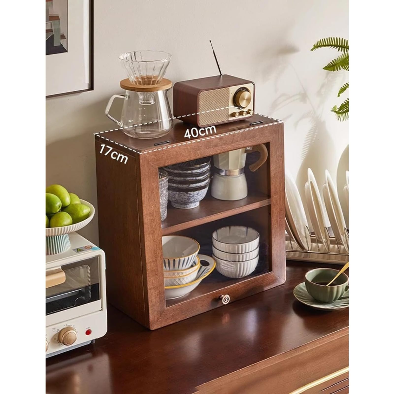 2-Tier Walnut Wood Countertop Cabinet - Kitchen Pantry Storage Organizer for Mugs, Bread & Food with Clear Glass Window | Perfect for Small Kitchen, Dining Room & Coffee Station Organization
