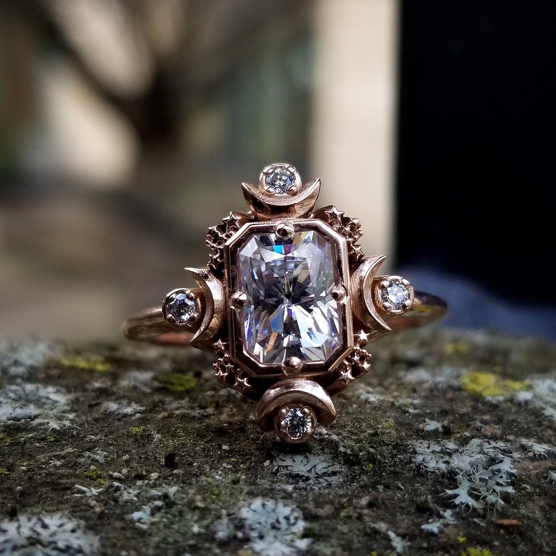 Emerald Cut Artemis Moon Engagement Ring with Radiant Cut Moissanite - Celestial Goddess Wedding Band for Brides, Unique Proposal Jewelry Gift for Her | Perfect for Romantic Proposals, Anniversaries & Special Occasions