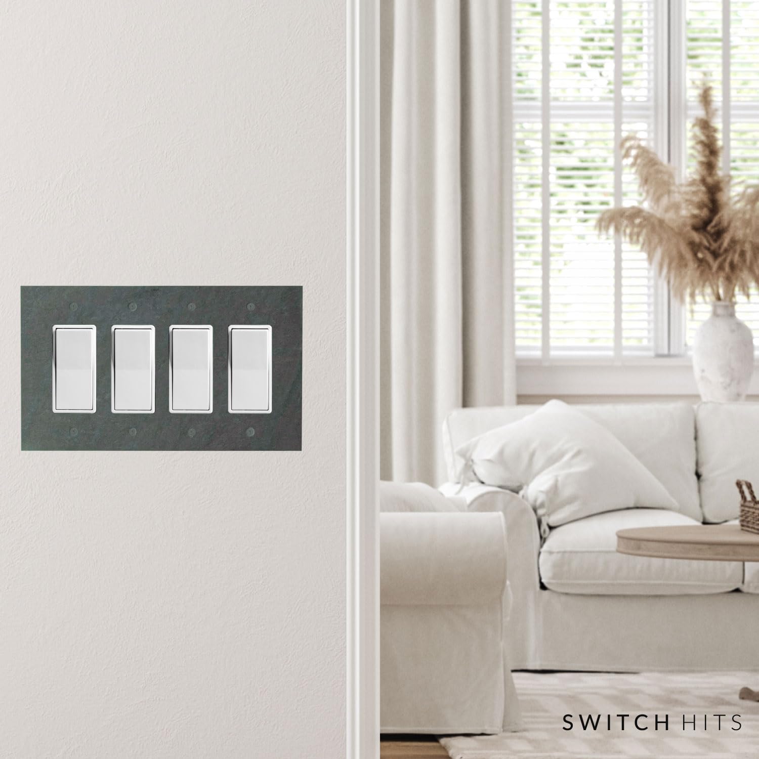 4 Gang GFCI Rocker Electrical Switch Plate Outlet Wall Plate | Decora Quad Decorator Light Switch Cover Faceplate | Decorative Mottled Vermont Slate Design | 8.5” W x 5” H | Perfect for Home, Office & Commercial Renovations