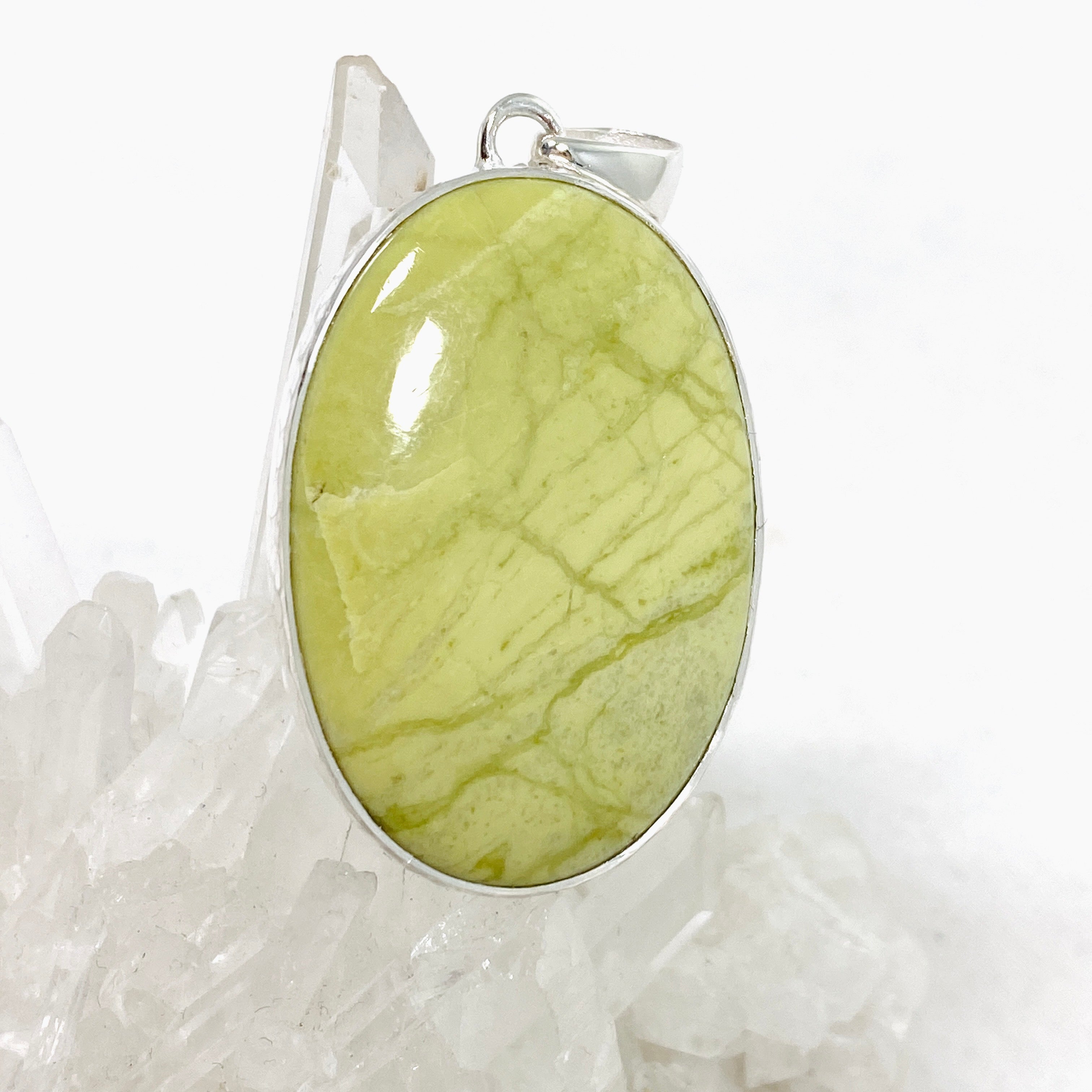 Natural Green Opal (Madagascar) Oval Cabochon Pendant Necklace - Handcrafted Hammered Silver Setting KPGJ4653 - Perfect for Boho Jewelry & Gift Giving