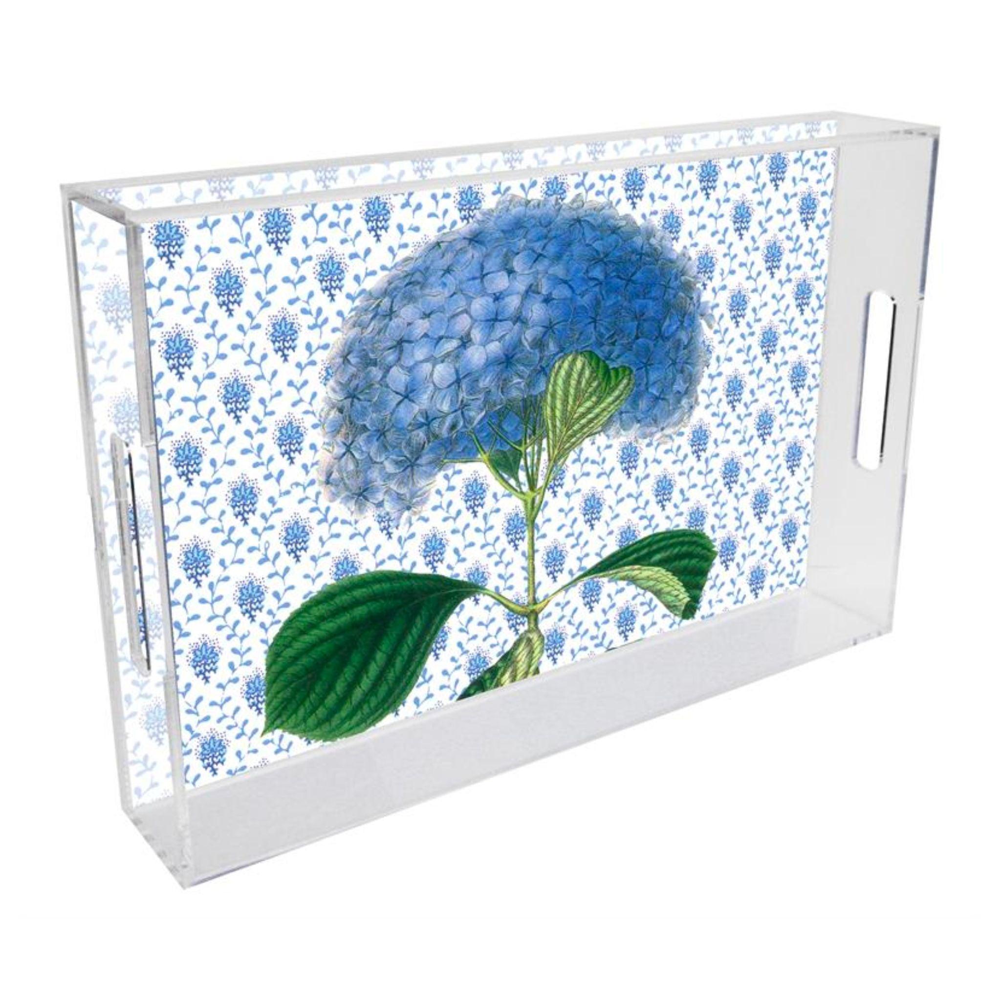 Blue Hydrangea Floral Design Acrylic Tray - Elegant Home Decor Serving Tray for Dining, Bathroom, or Vanity Organization - Available in Multiple Sizes