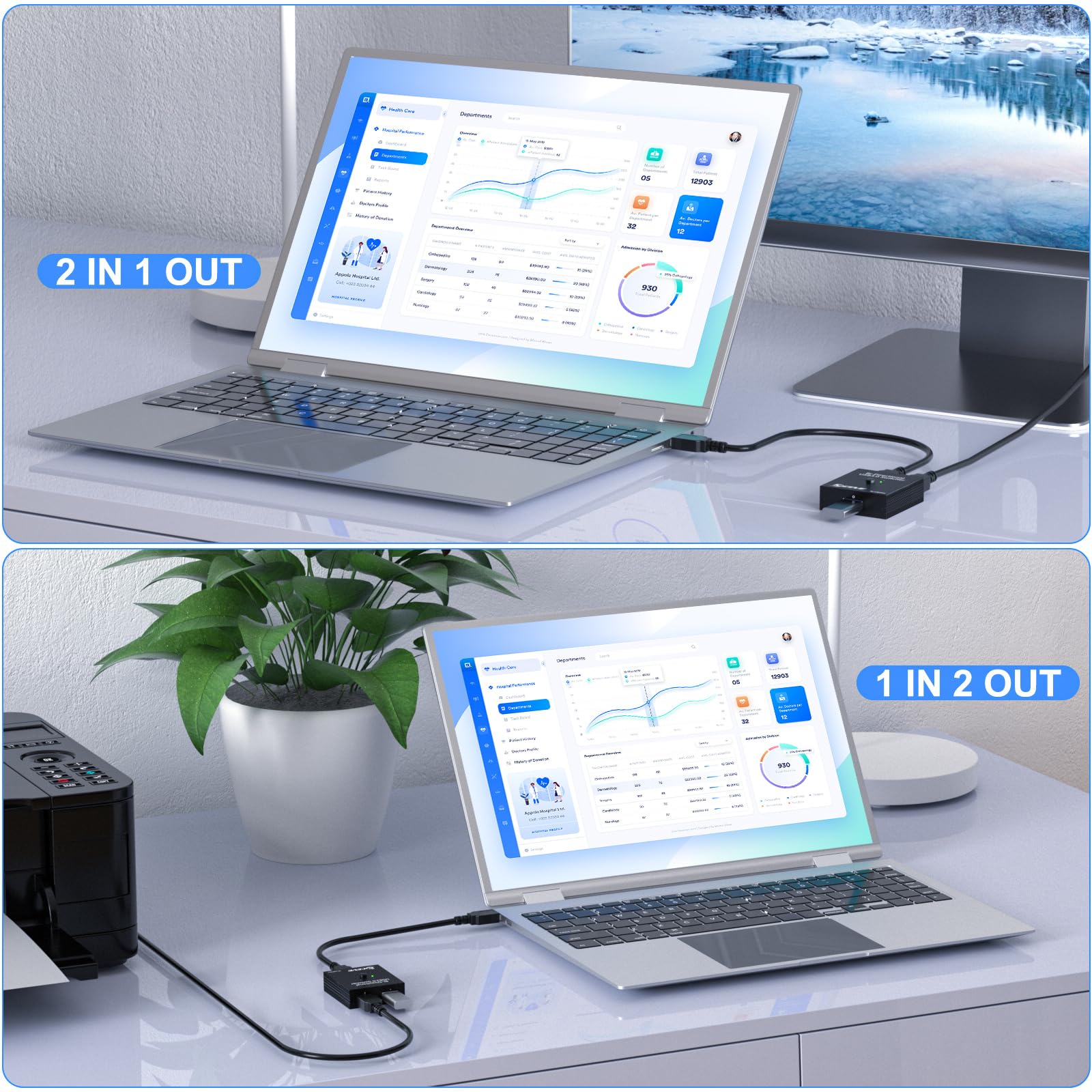MLEEDA USB 3.0 Switch Selector - 2 in 1 Out / 1 in 2 Out Bi-Directional USB Switcher for Sharing Keyboard, Mouse, Scanner & Printer Between 2 Computers - Perfect for Home Office & Multi-Device Workstations
