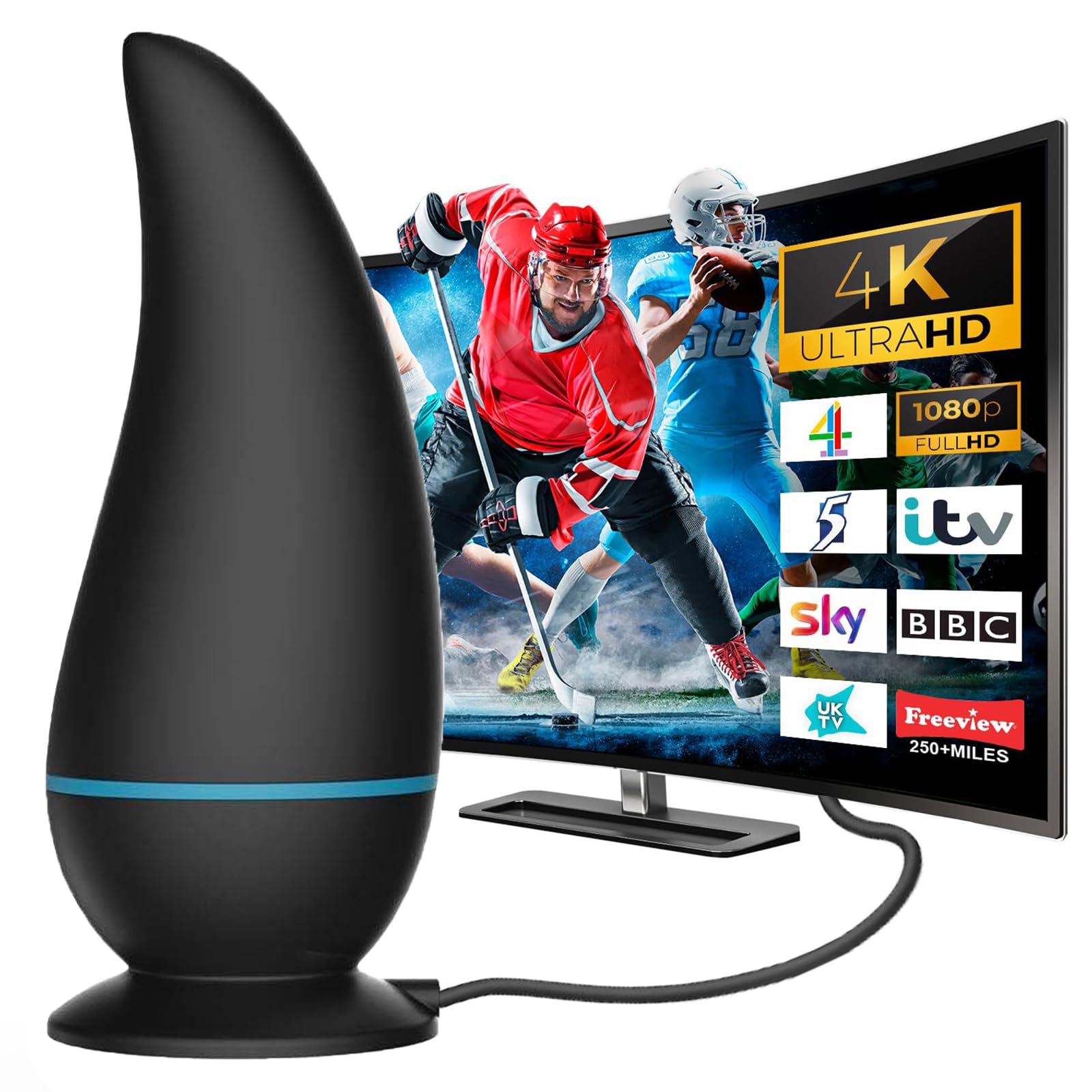 Upgraded Digital TV Antenna Indoor - 280+ Miles Long Range, 360° Reception with Amplifier for Strong Signal | Supports Freeview TV, 4K, 8K & 1080P HD | Perfect for Home Theater, RV Travel & Rural Areas