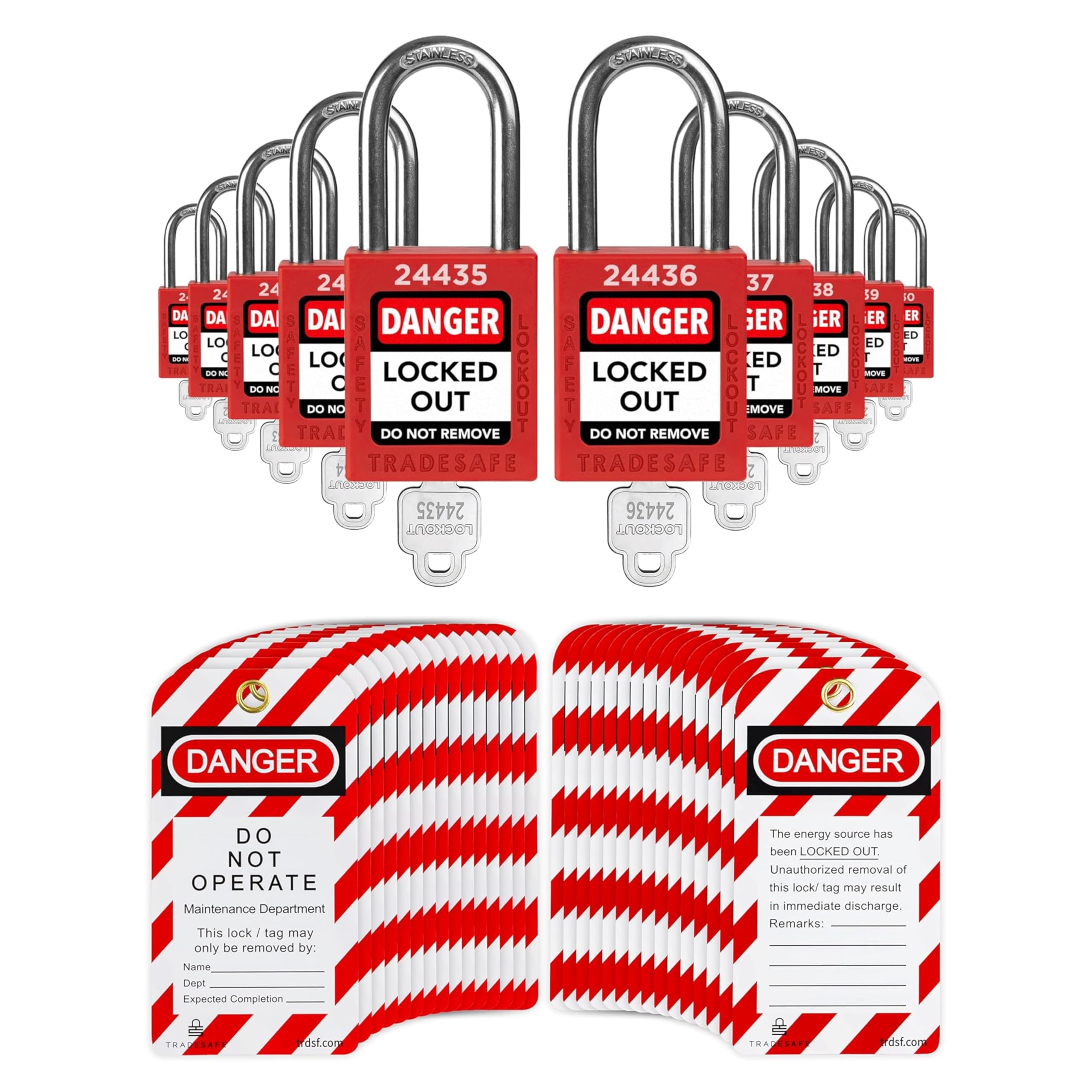 TRADESAFE Lockout Tagout Locks & Tags Kit - 10 Red OSHA-Compliant LOTO Safety Locks (Keyed Different, 1 Key Each) with 30 'Danger Do Not Operate' Tags & Zip Ties - Industrial Equipment Safety for Maintenance, Repairs & Electrical Work