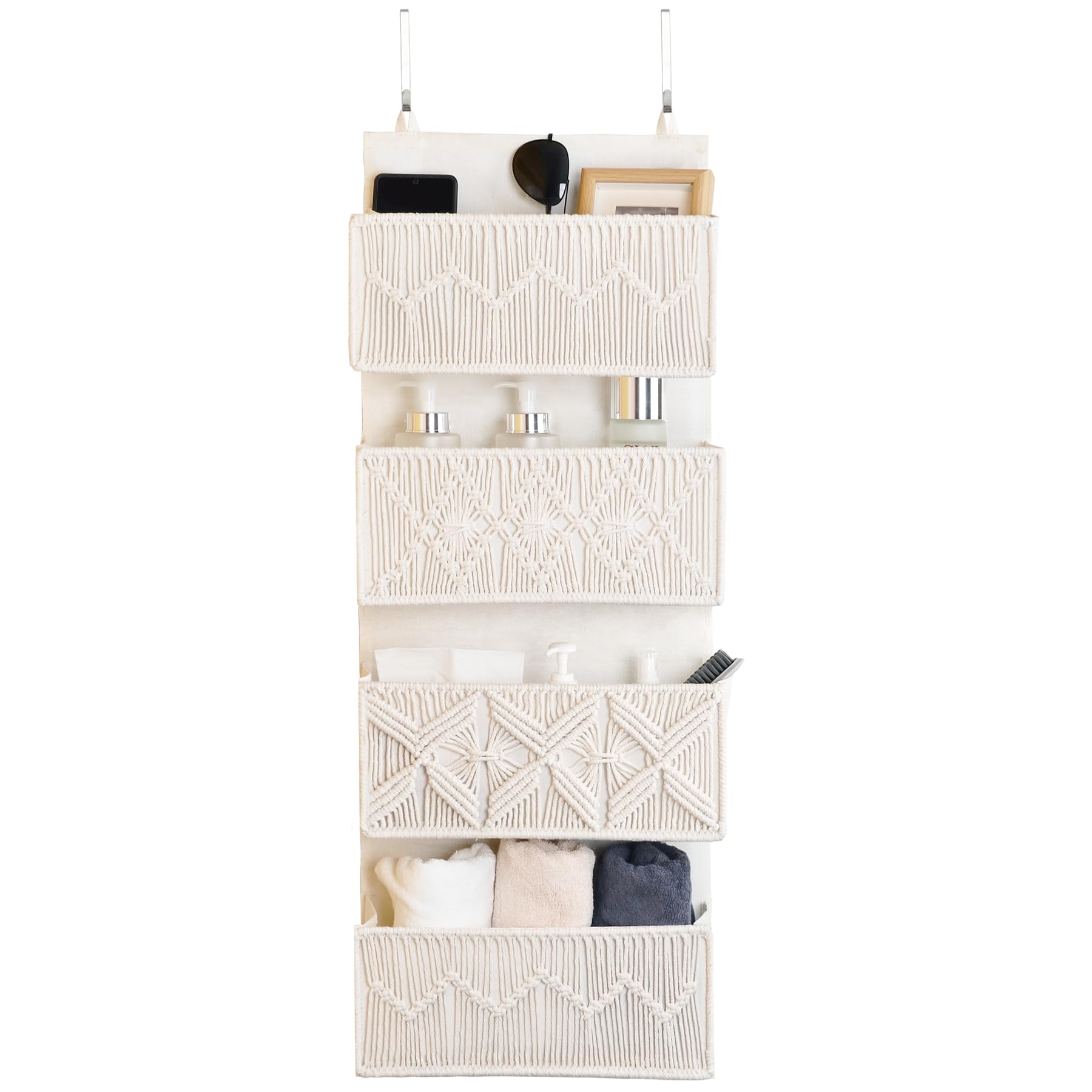 Macrame Over The Door Organizer - 4 Large Woven Pockets for Bathroom & Bedroom Storage | Boho Wall Hanging Decor | Space-Saving Closet & Towel Organizer | Perfect for Jewelry, Scarves & Small Essentials